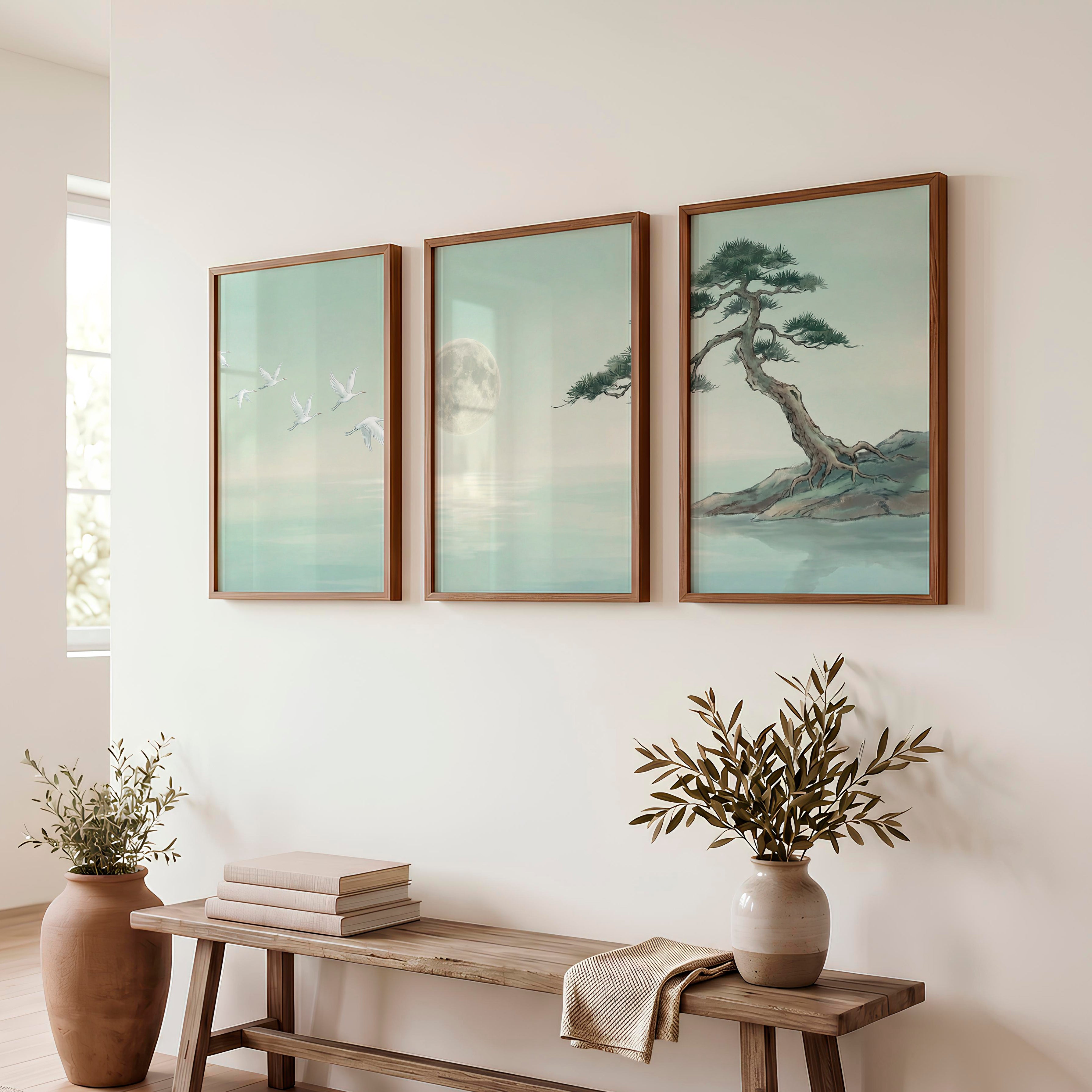 Moonlit Cranes Japandi Painting with Pine Shore - Dark Brown Framed Poster No Border - Artworksets