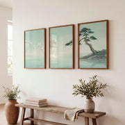 Moonlit Cranes Japandi Painting with Pine Shore - Dark Brown Framed Poster No Border - Artworksets