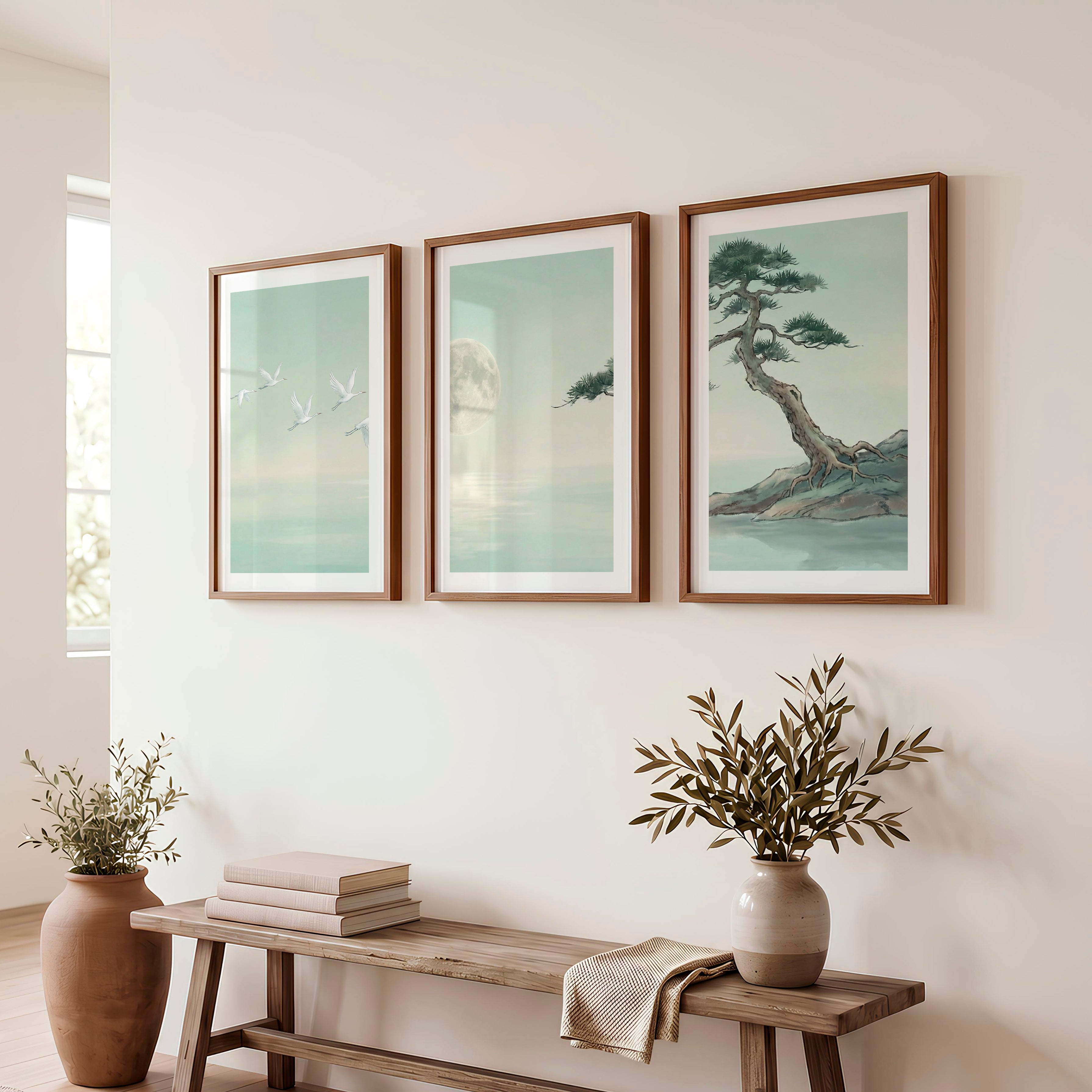 Moonlit Cranes Japandi Painting with Pine Shore - Dark Brown Framed Poster with White Border - Artworksets