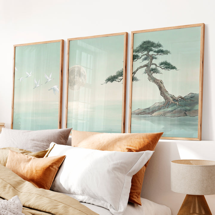 Moonlit Cranes Japandi Painting with Pine Shore - Natural Wood Framed Poster No Border - Artworksets