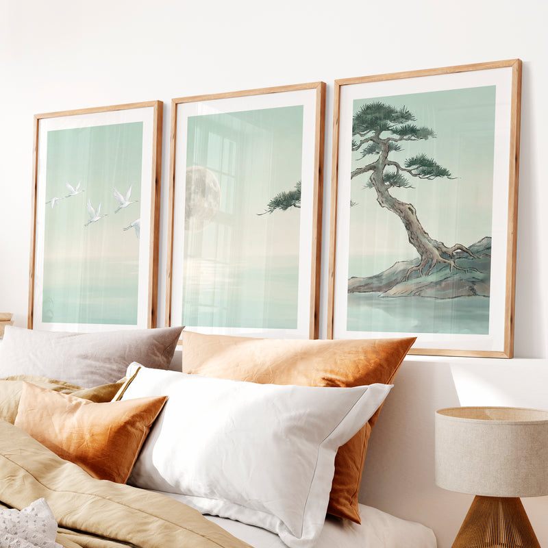 Moonlit Cranes Japandi Painting with Pine Shore- Natural Wood Framed Poster with White Border - Artworksets