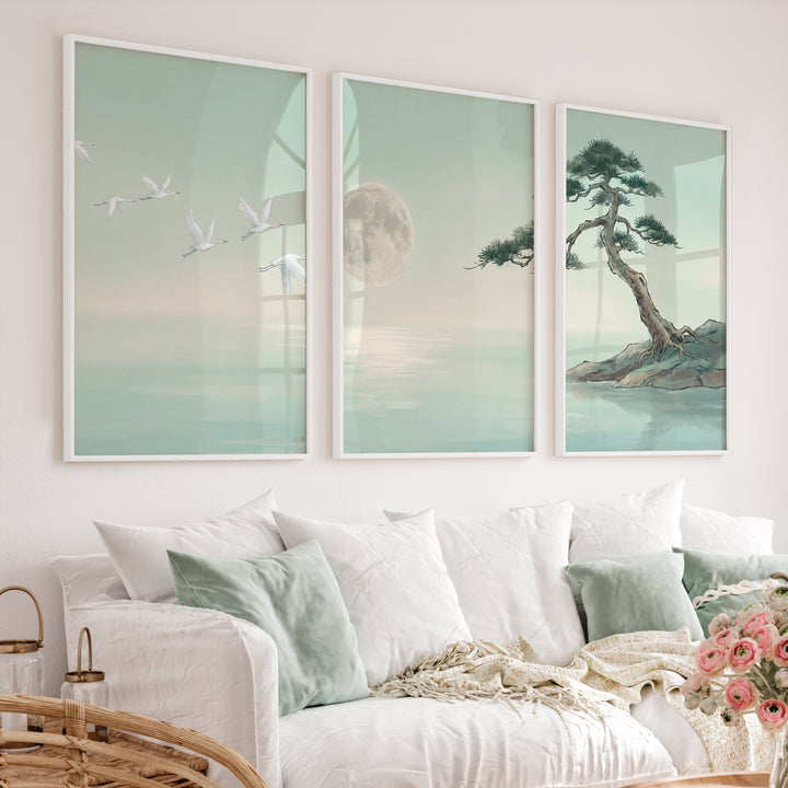 Moonlit Cranes Japandi Painting with Pine Shore - White Framed Poster No Border - Artworksets