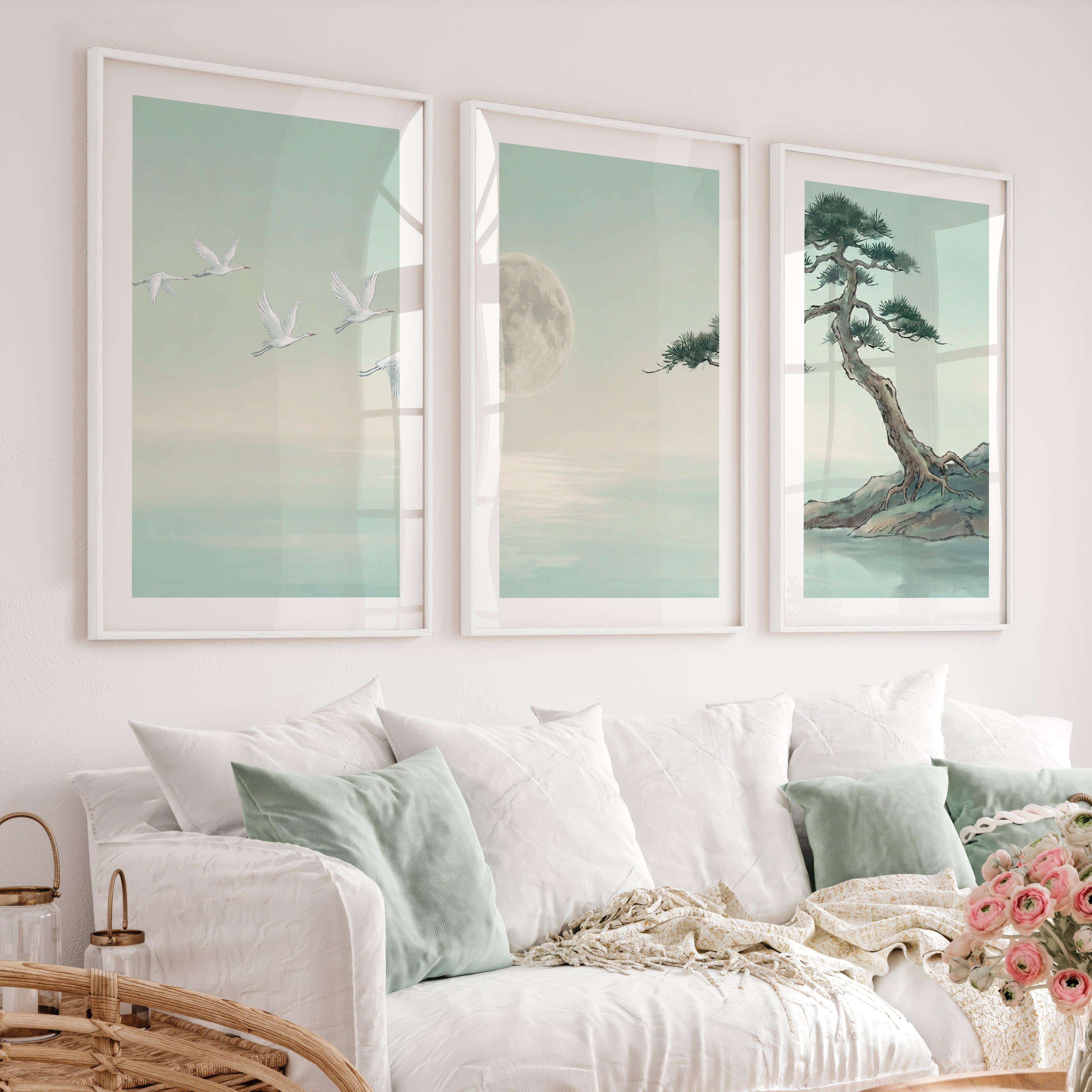 Moonlit Cranes Japandi Painting with Pine Shore - White Framed Poster with White Border - Artworksets