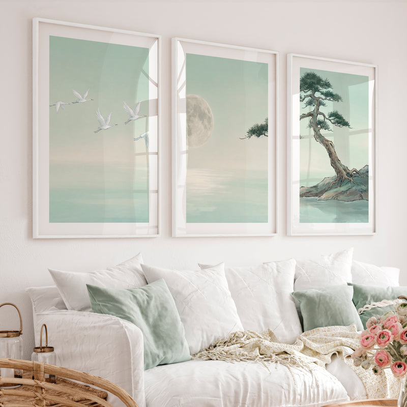 Moonlit Cranes Japandi Painting with Pine Shore - White Framed Poster with White Border - Artworksets
