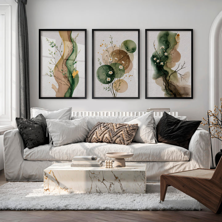 White Blossom japandi painting with Green Ink Forms - Black Framed Poster No Border - Artworksets