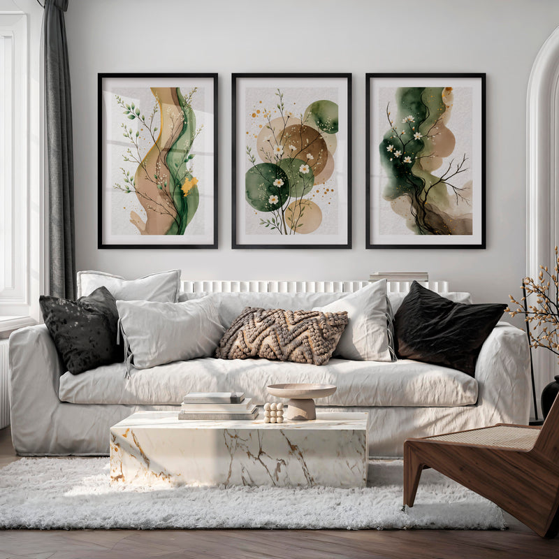 White Blossom japandi painting with Green Ink Forms - Black Framed Poster with White Border - Artworksets