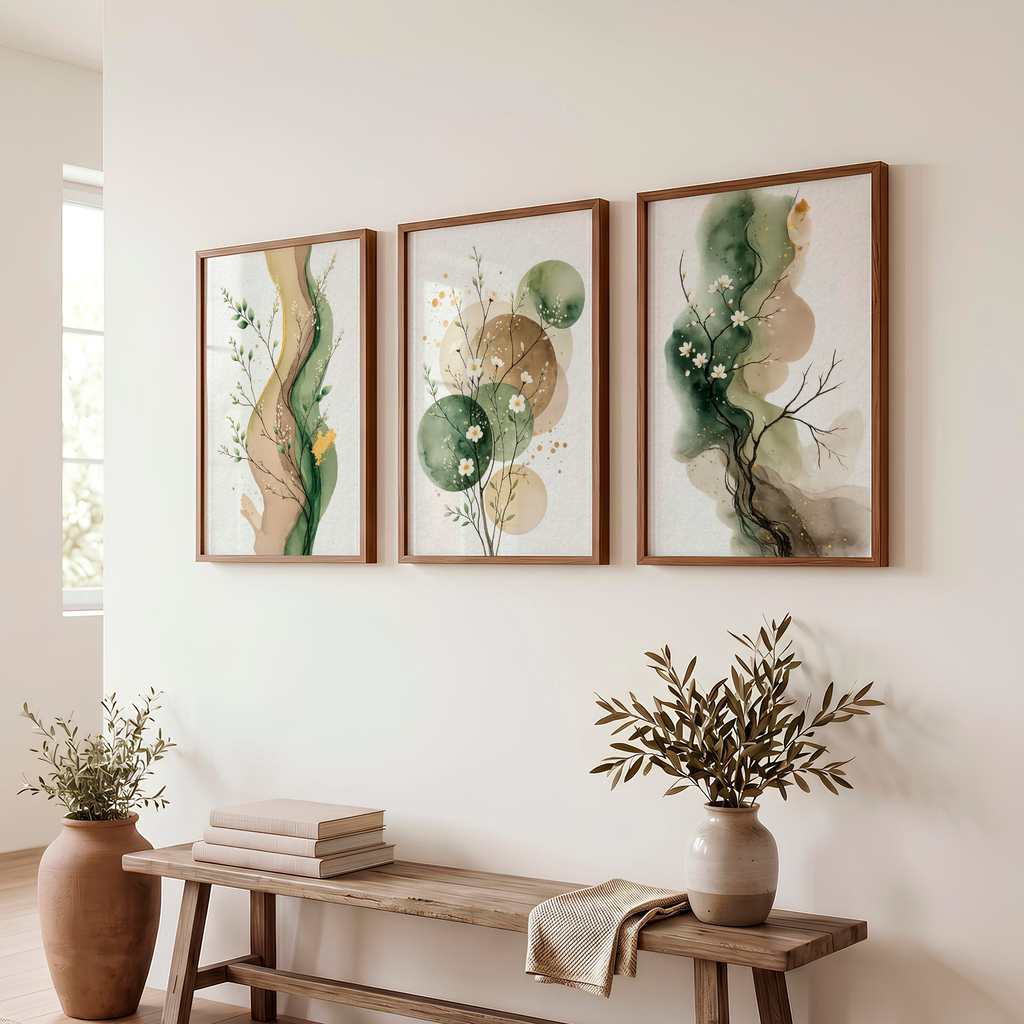 White Blossom japandi painting with Green Ink Forms - Dark Brown Framed Poster No Border - Artworksets