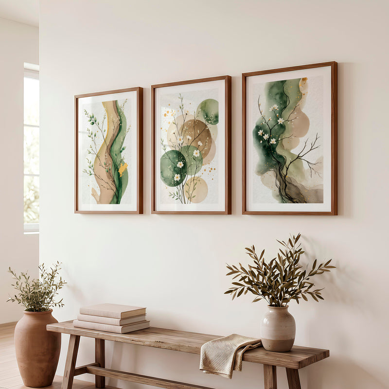 White Blossom japandi painting with Green Ink Forms - Dark Brown Framed Poster with White Border - Artworksets