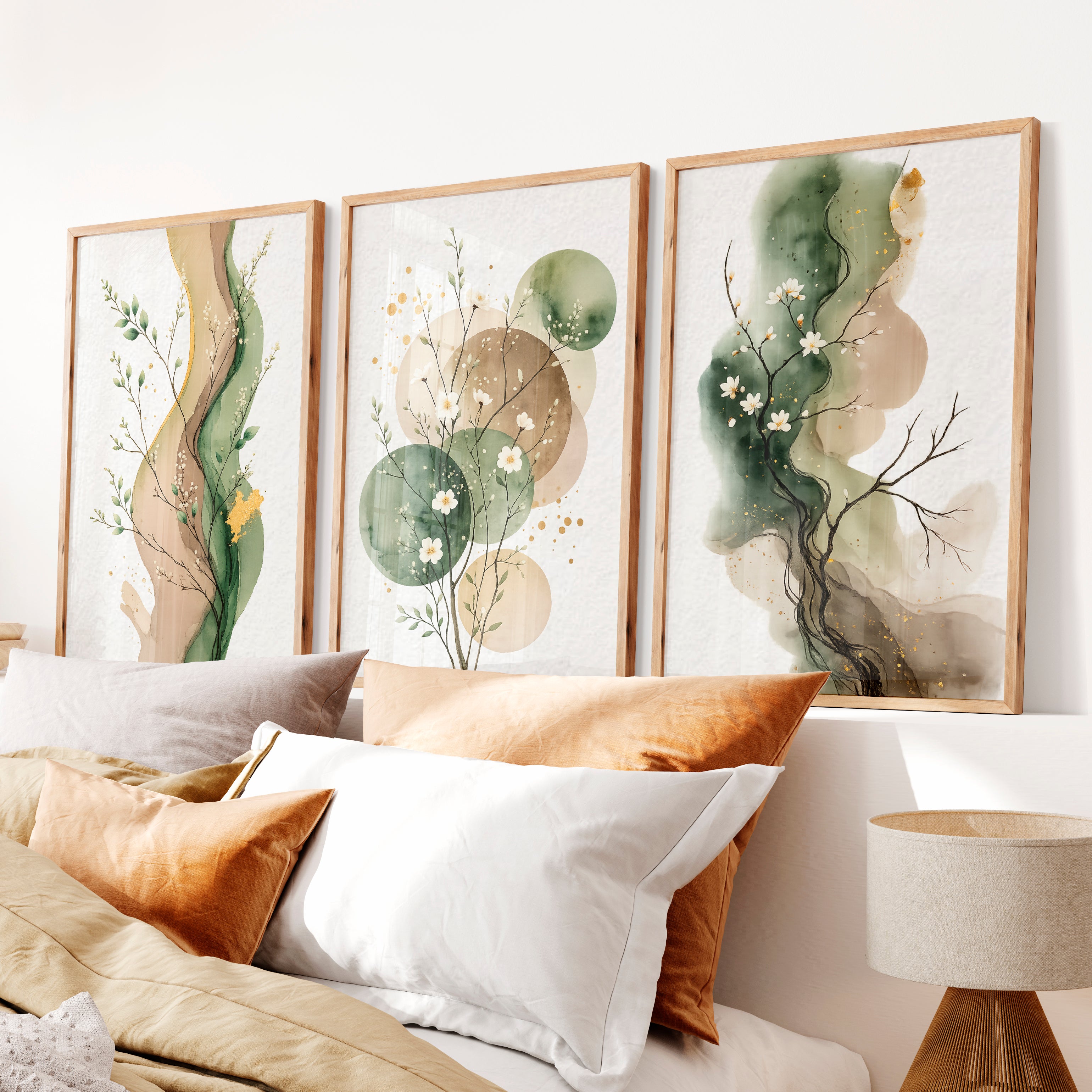 White Blossom japandi painting with Green Ink Forms - Natural Wood Framed Poster No Border - Artworksets