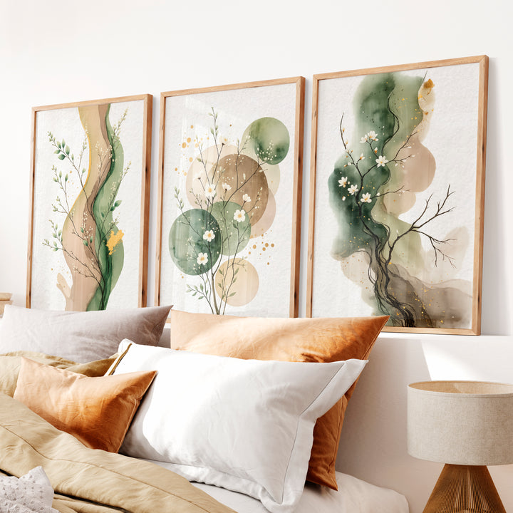 White Blossom japandi painting with Green Ink Forms - Natural Wood Framed Poster No Border - Artworksets