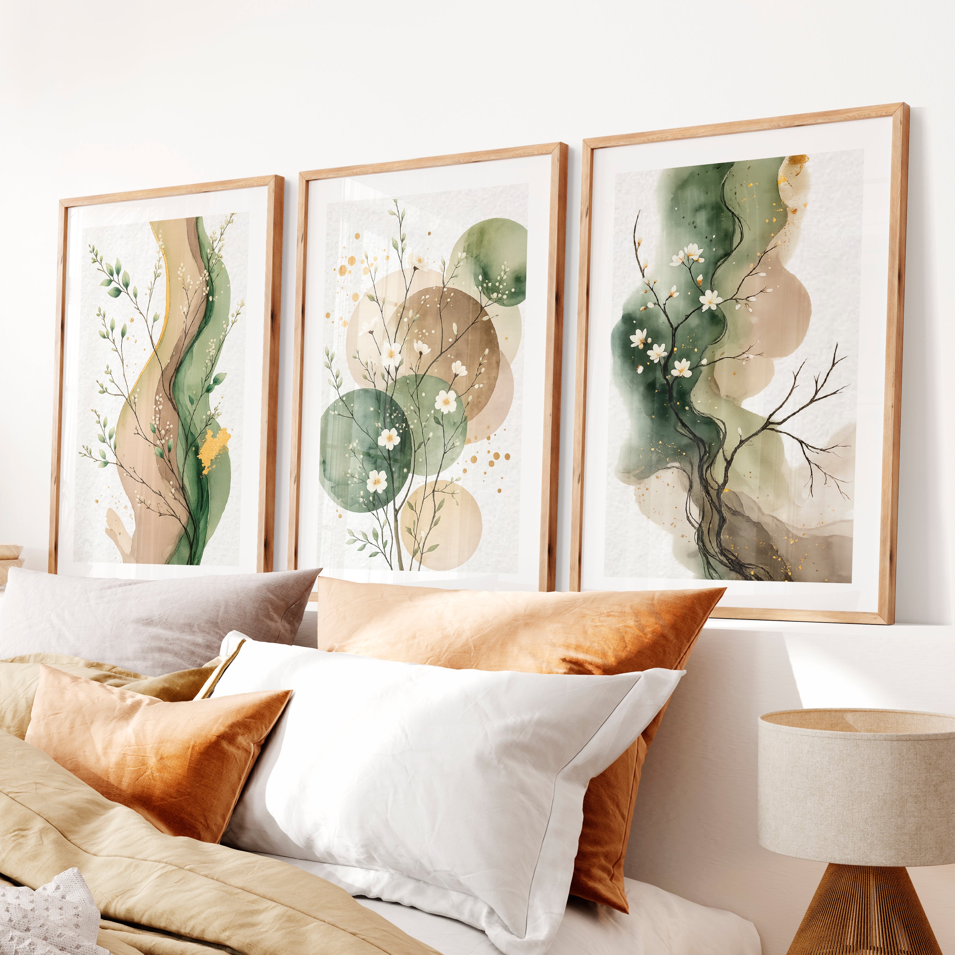 White Blossom japandi painting with Green Ink Forms- Natural Wood Framed Poster with White Border - Artworksets