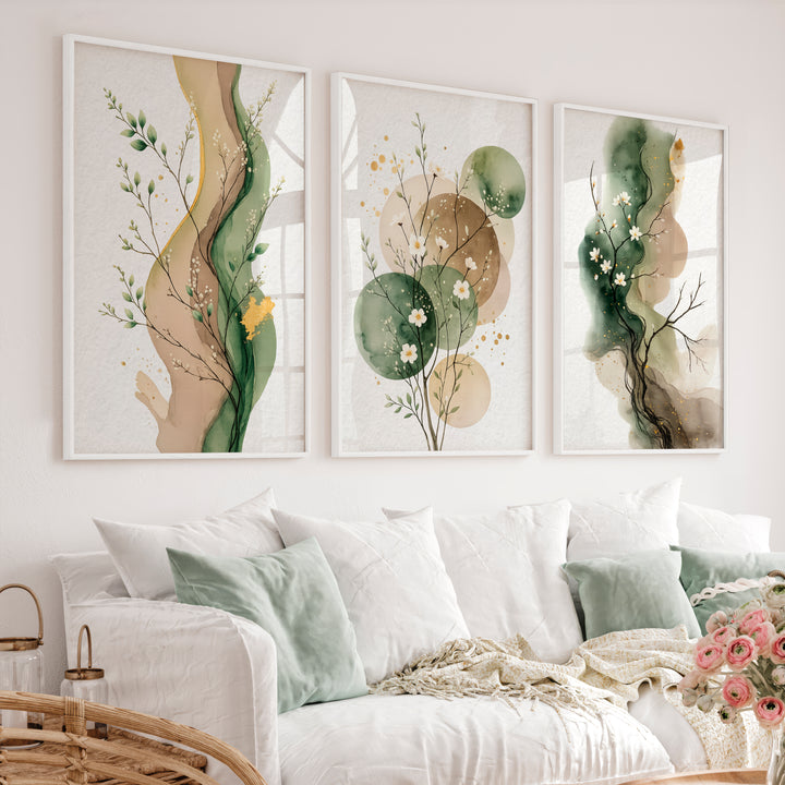 White Blossom japandi painting with Green Ink Forms - White Framed Poster No Border - Artworksets