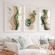 White Blossom japandi painting with Green Ink Forms - White Framed Poster with White Border - Artworksets