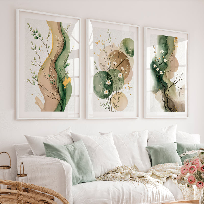 White Blossom japandi painting with Green Ink Forms - White Framed Poster with White Border - Artworksets