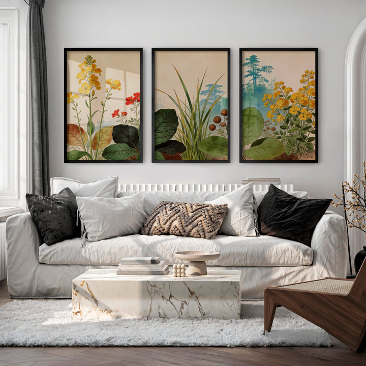 japandi painting Botanical Meadow Study - Black Framed Poster No Border - Artworksets