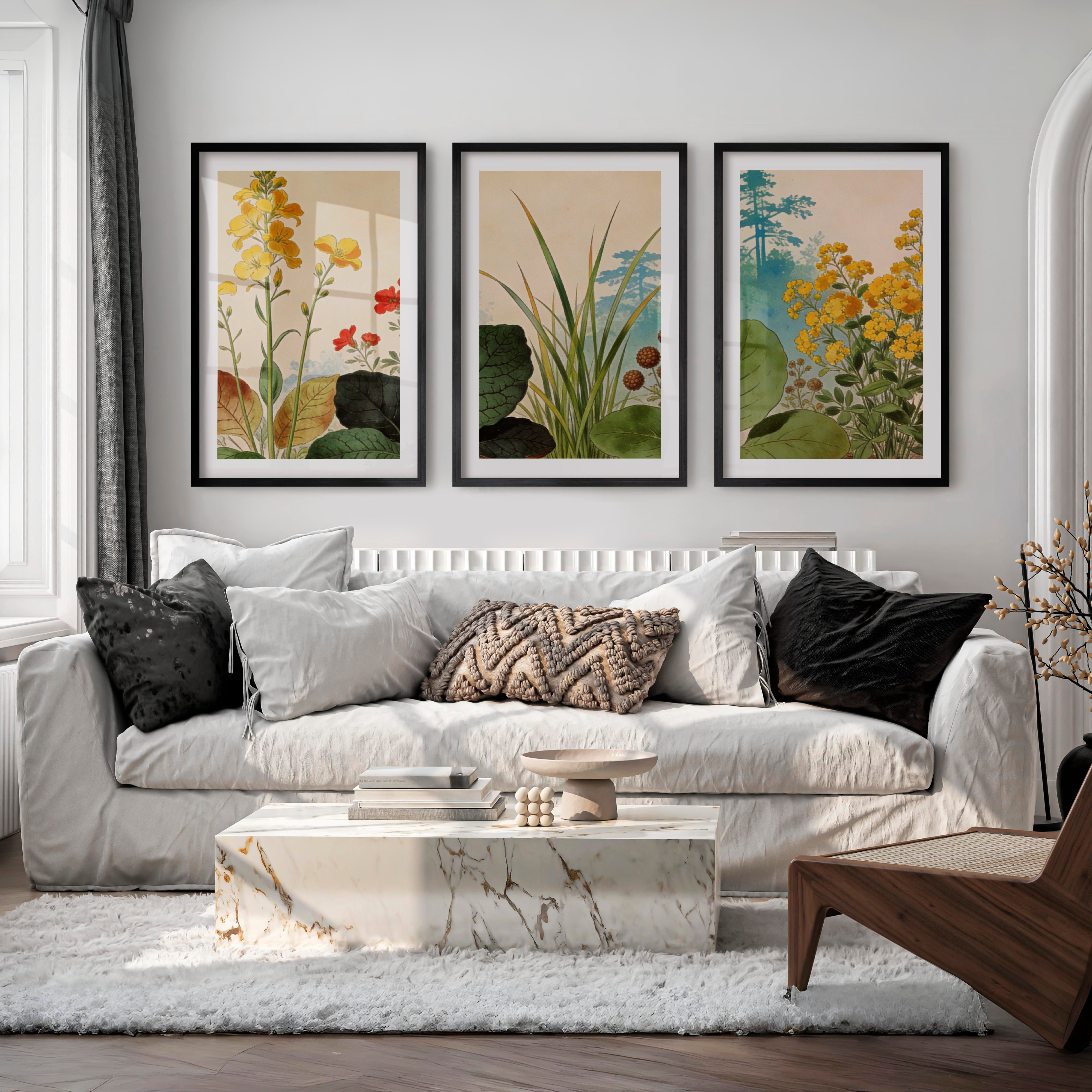 japandi painting Botanical Meadow Study - Black Framed Poster with White Border - Artworksets