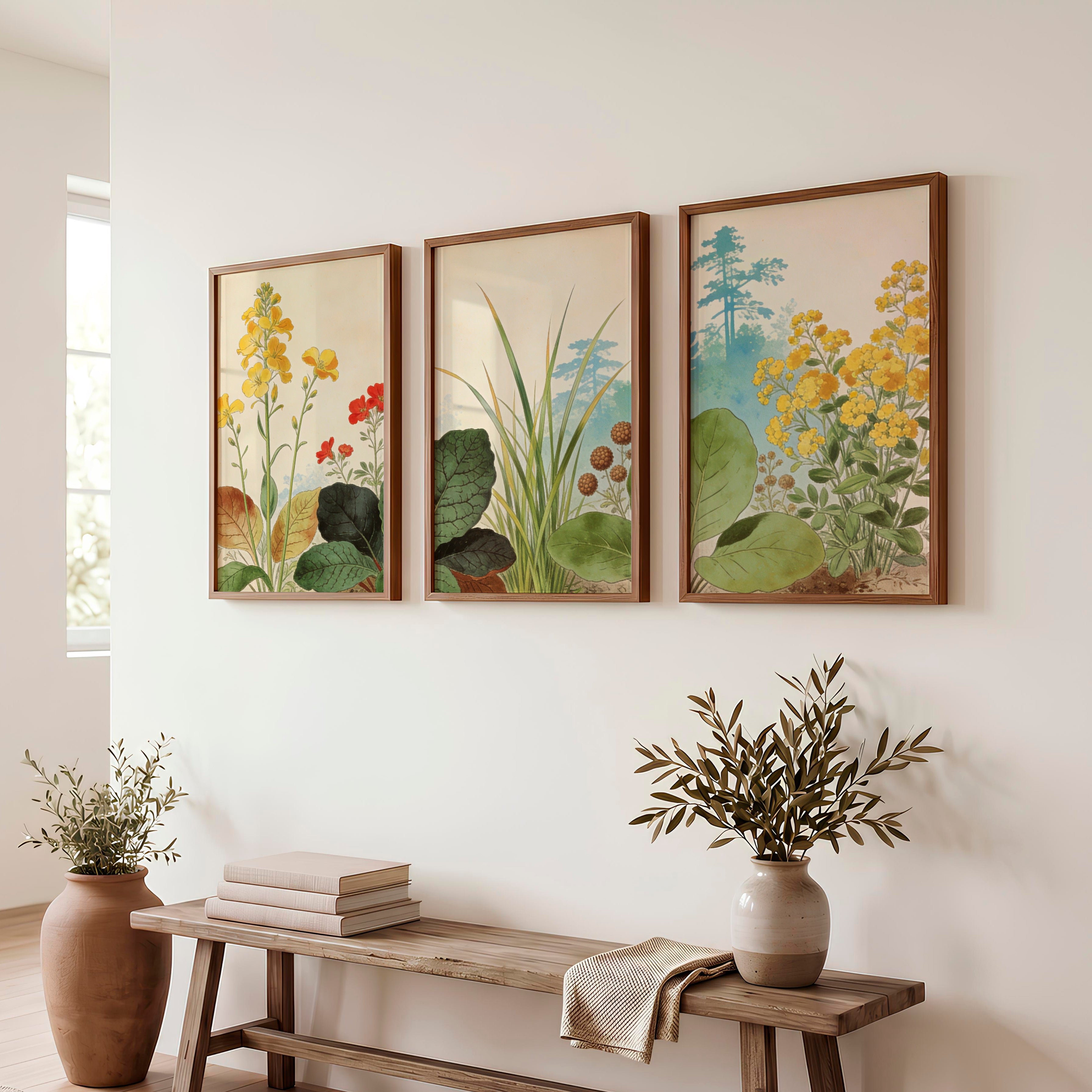 japandi painting Botanical Meadow Study - Dark Brown Framed Poster No Border - Artworksets