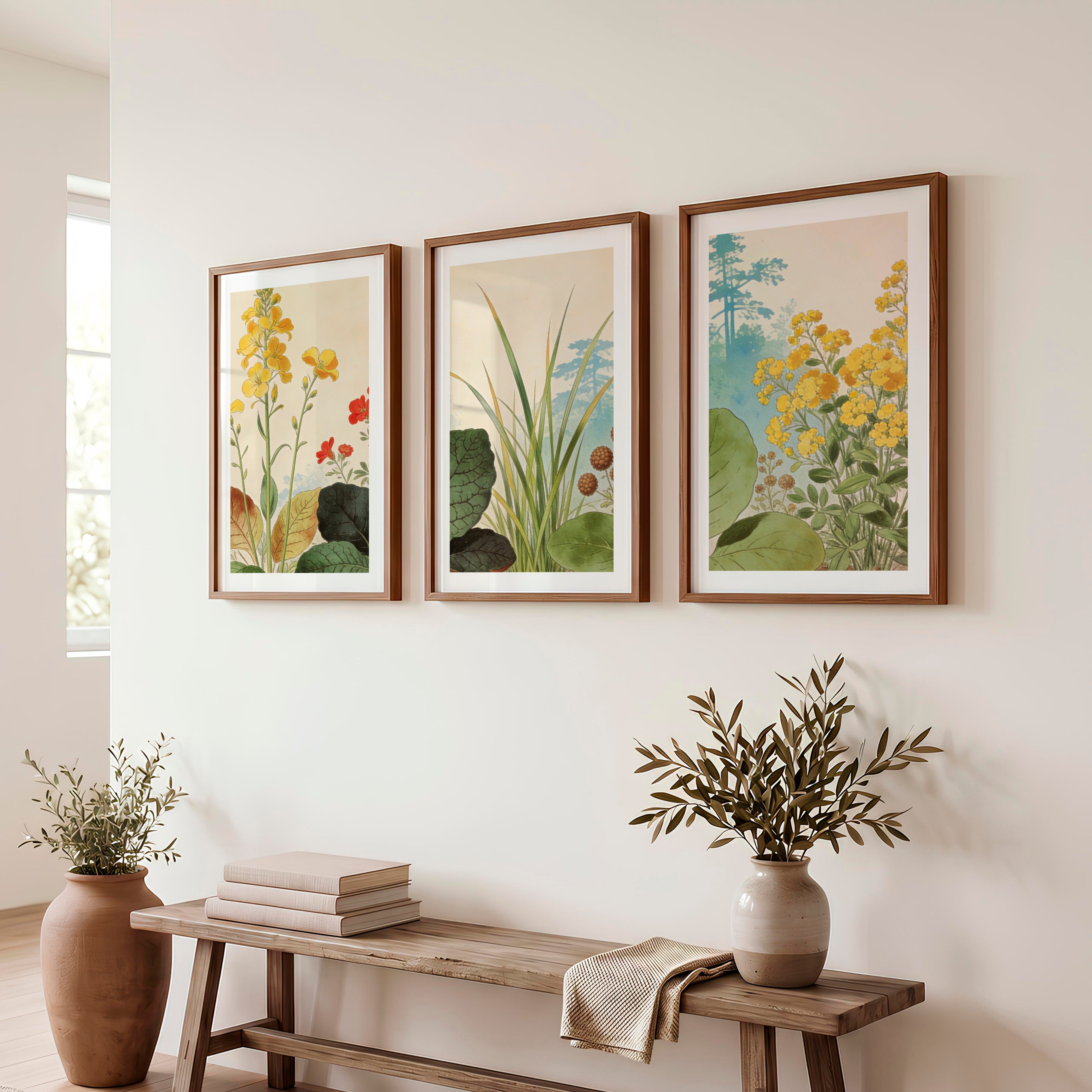japandi painting Botanical Meadow Study - Dark Brown Framed Poster with White Border - Artworksets