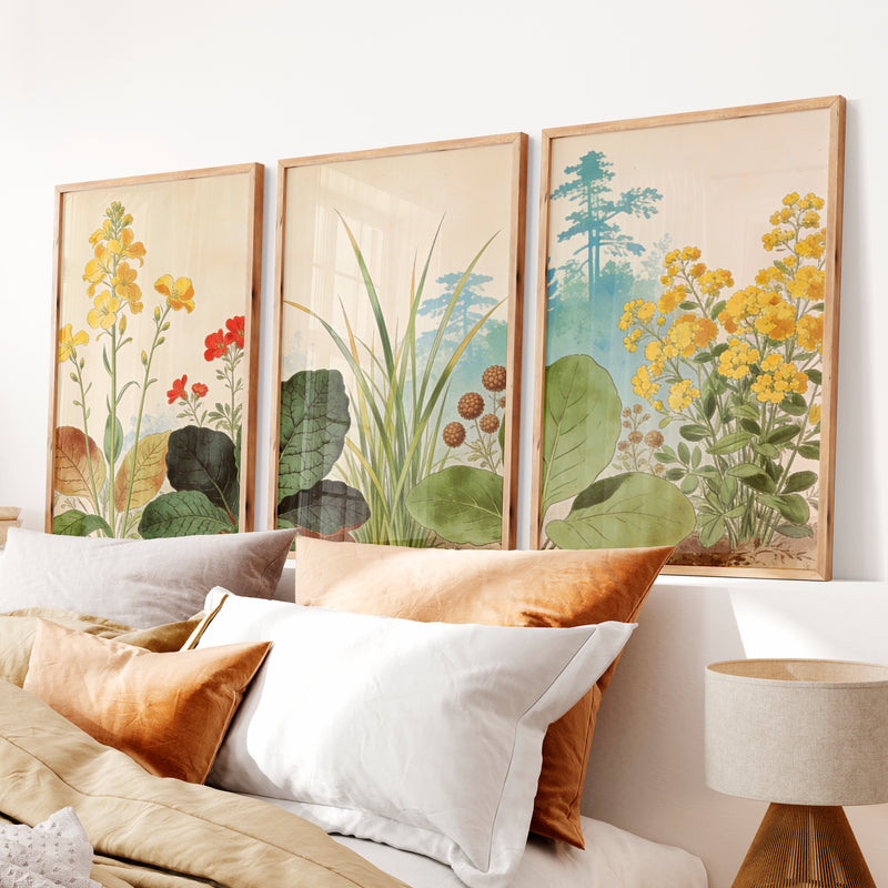 japandi painting Botanical Meadow Study - Natural Wood Framed Poster No Border - Artworksets