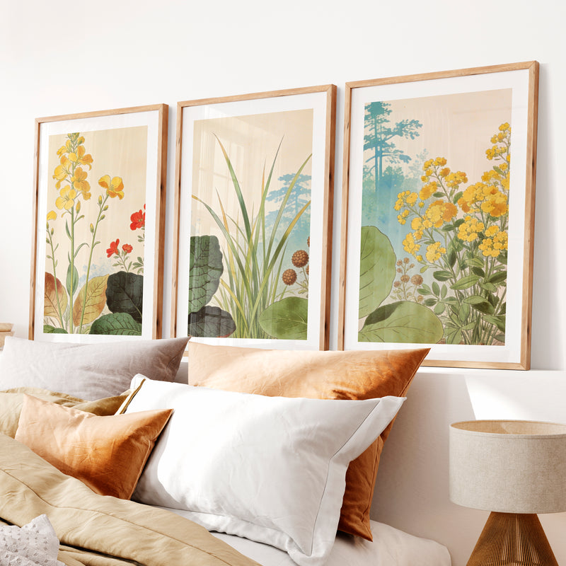 japandi painting Botanical Meadow Study- Natural Wood Framed Poster with White Border - Artworksets