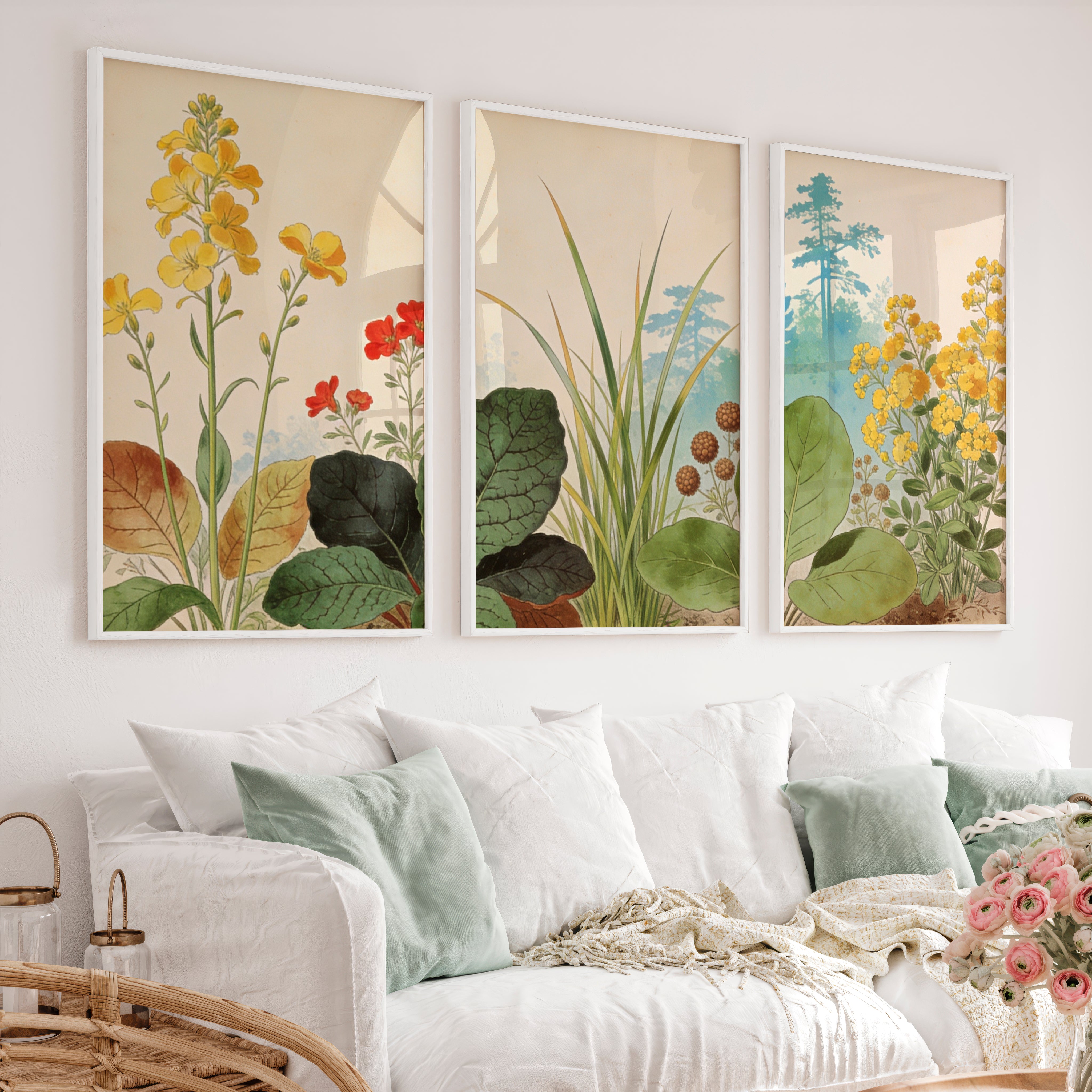 japandi painting Botanical Meadow Study - White Framed Poster No Border - Artworksets