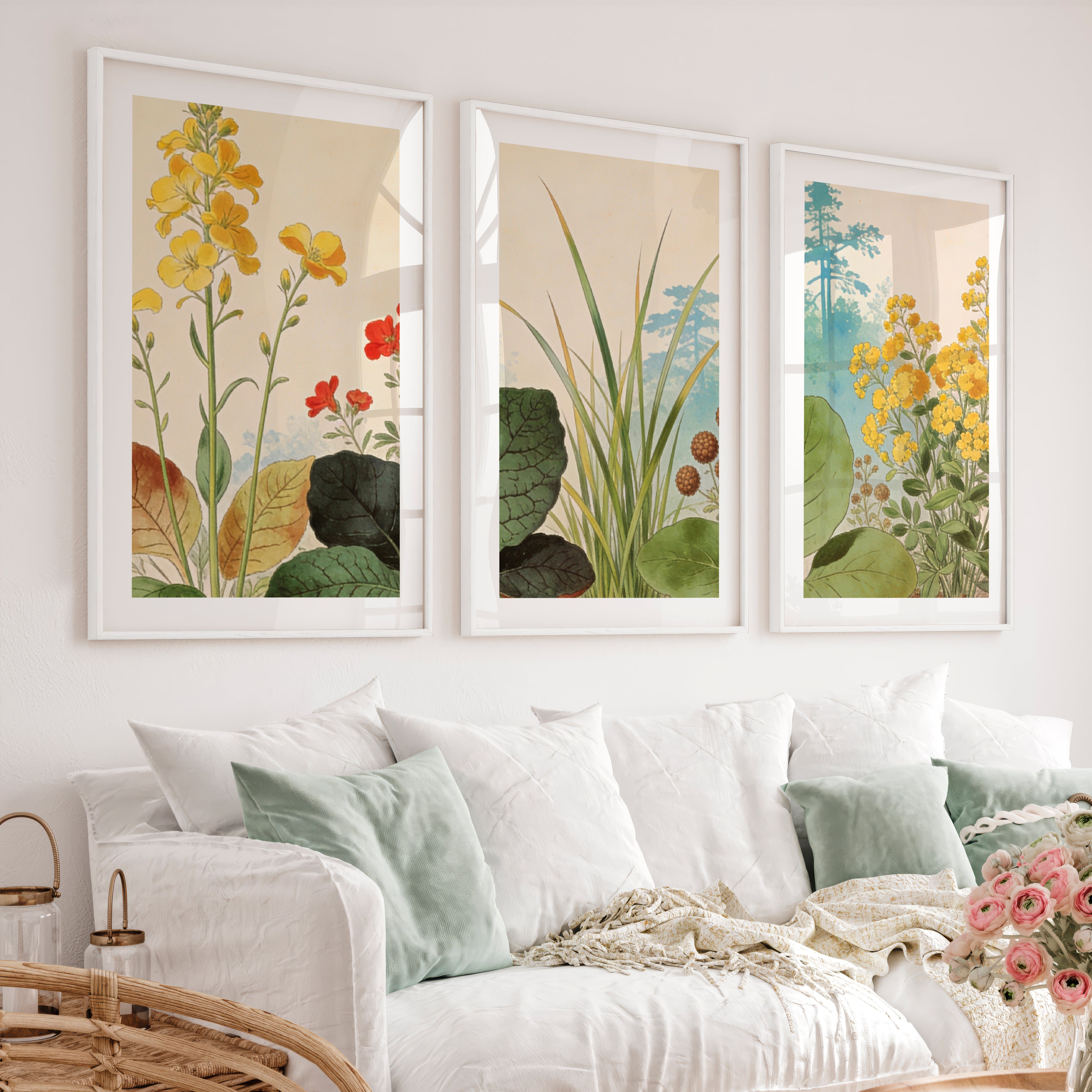 japandi painting Botanical Meadow Study - White Framed Poster with White Border - Artworksets