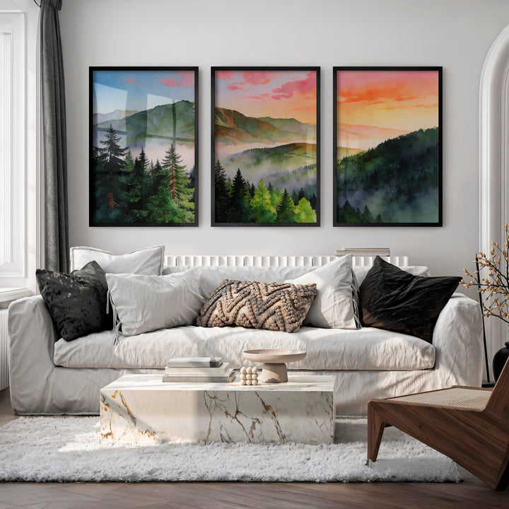 Misty Mountain Forest japandi painting - Black Framed Poster No Border - Artworksets