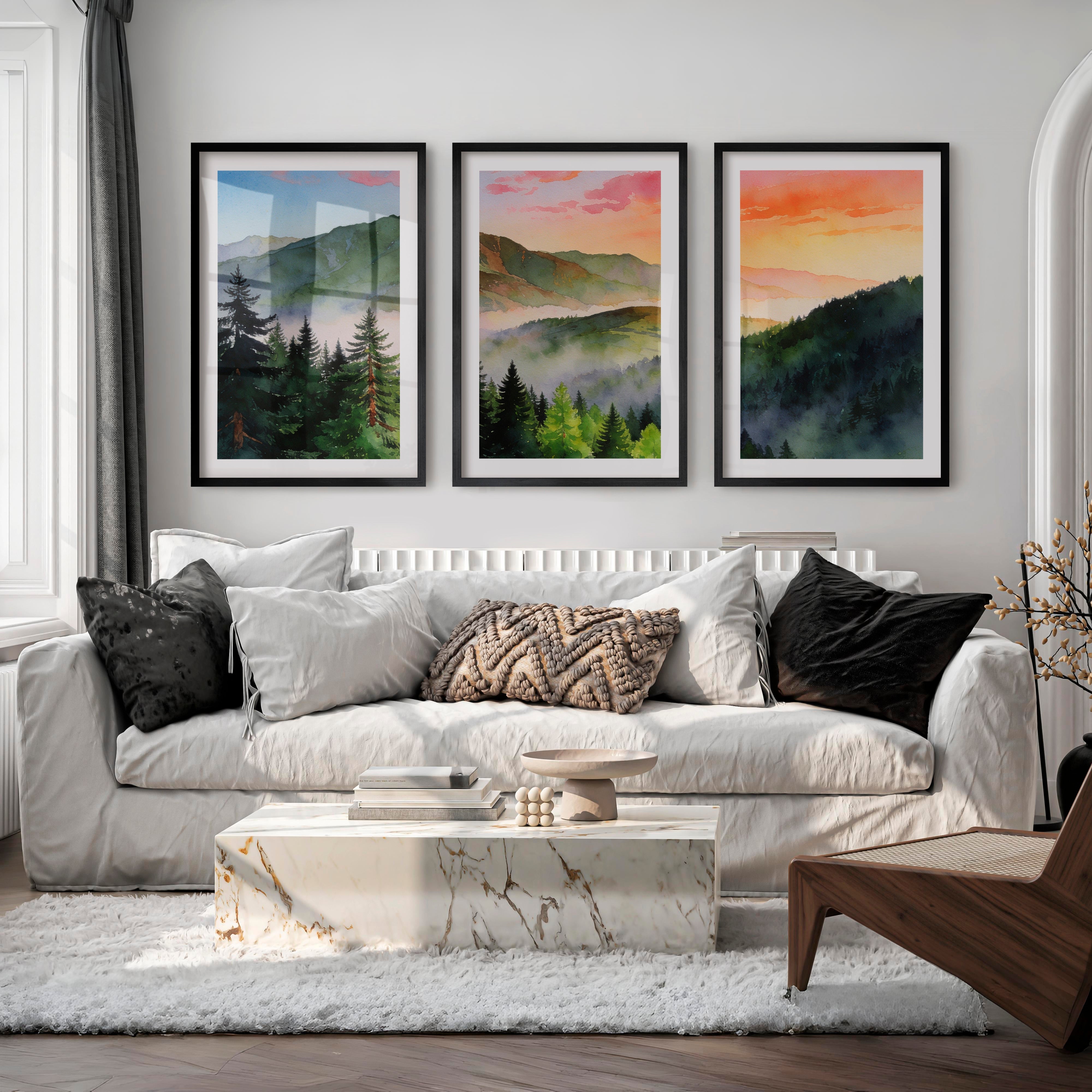Misty Mountain Forest japandi painting - Black Framed Poster with White Border - Artworksets