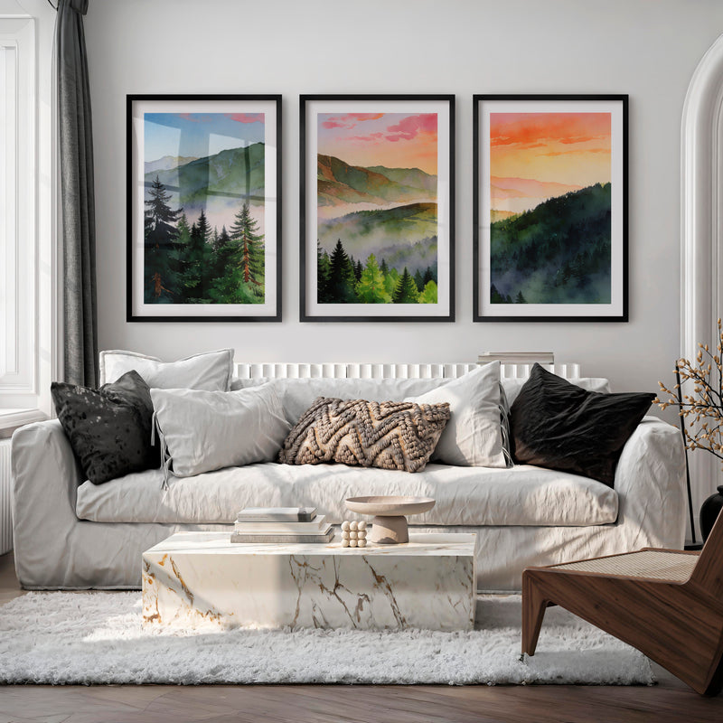 Misty Mountain Forest japandi painting - Black Framed Poster with White Border - Artworksets