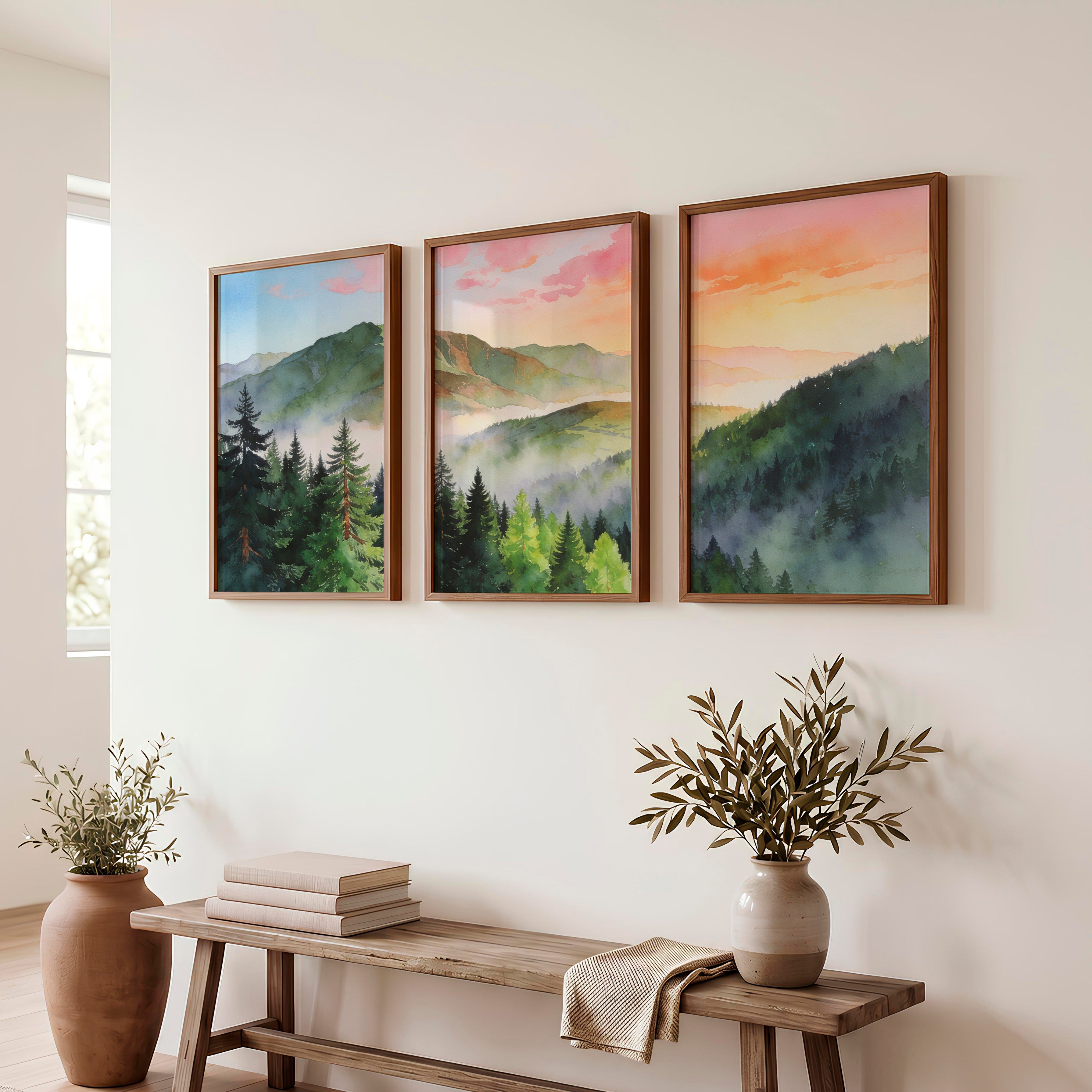 Misty Mountain Forest japandi painting - Dark Brown Framed Poster No Border - Artworksets