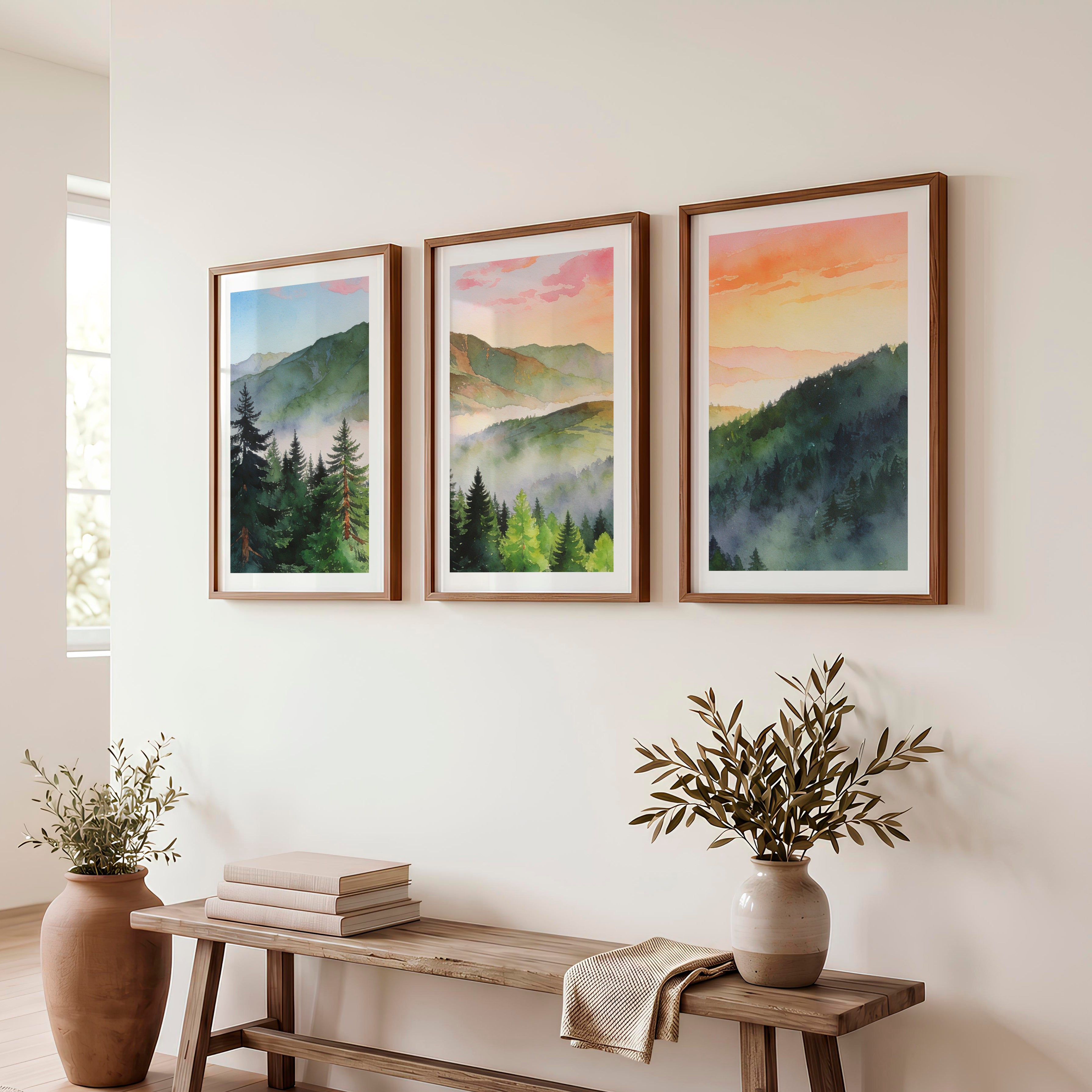 Misty Mountain Forest japandi painting - Dark Brown Framed Poster with White Border - Artworksets