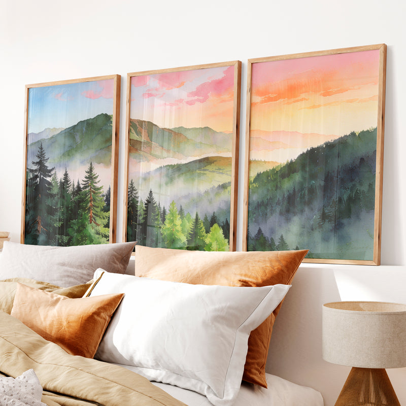 Misty Mountain Forest japandi painting - Natural Wood Framed Poster No Border - Artworksets