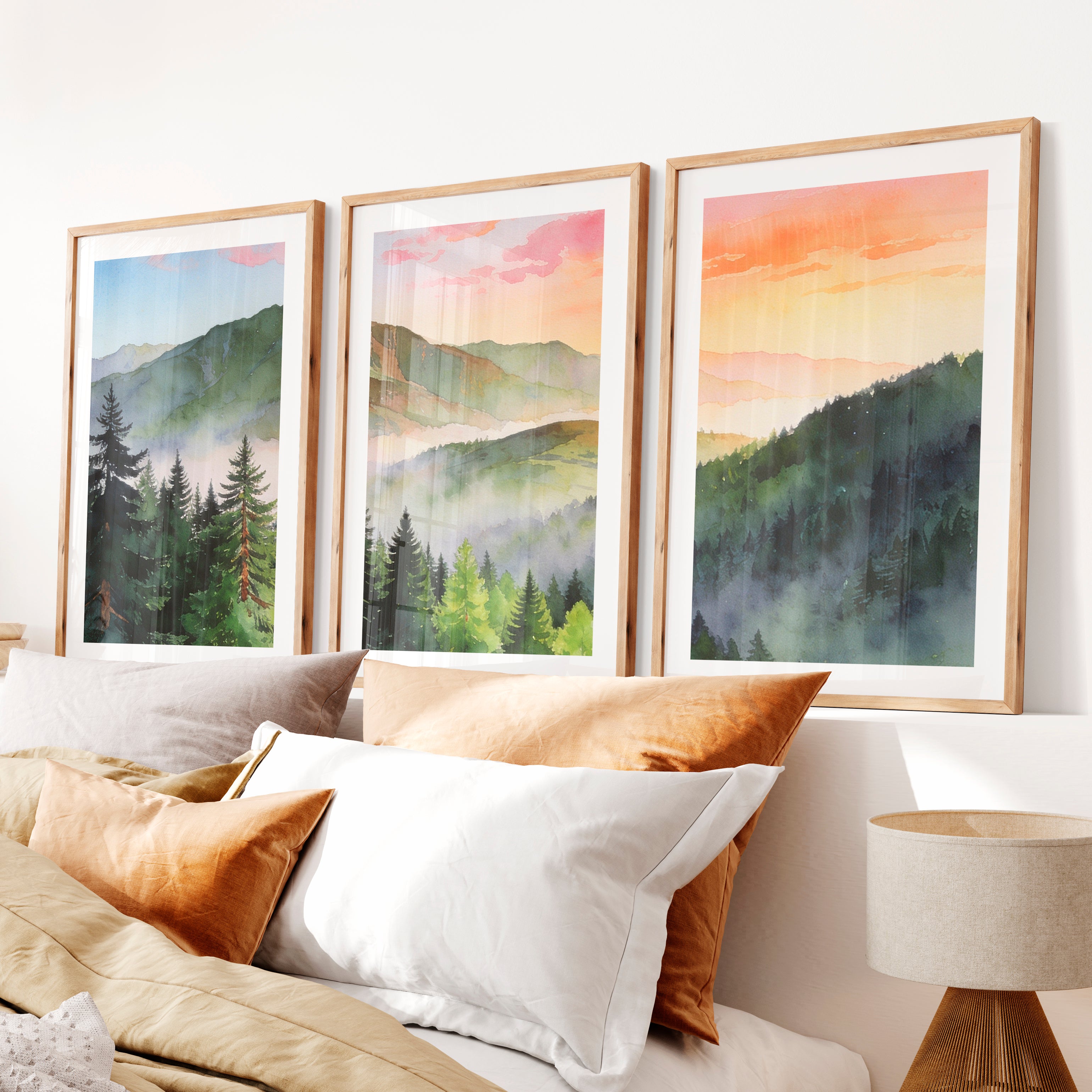 Misty Mountain Forest japandi painting- Natural Wood Framed Poster with White Border - Artworksets