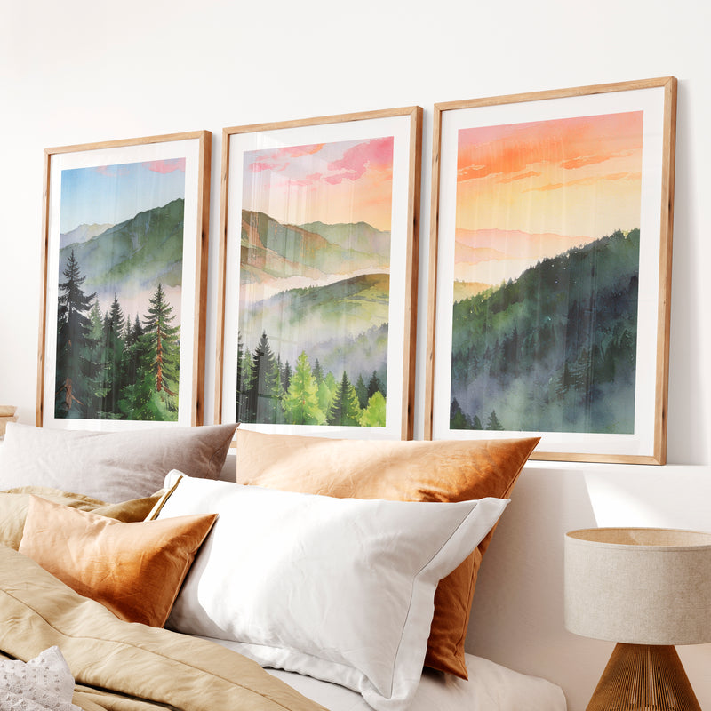 Misty Mountain Forest japandi painting- Natural Wood Framed Poster with White Border - Artworksets