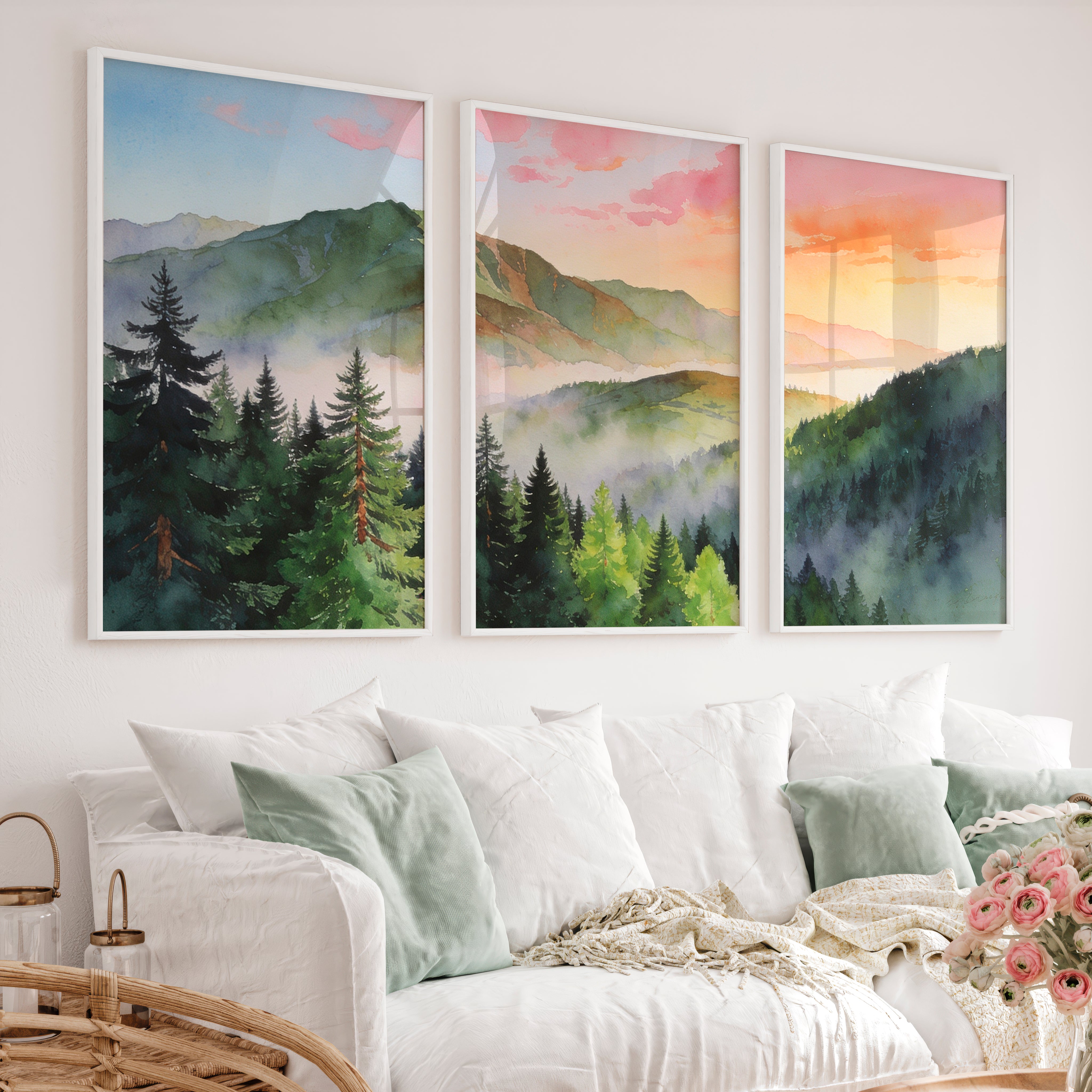 Misty Mountain Forest japandi painting - White Framed Poster No Border - Artworksets