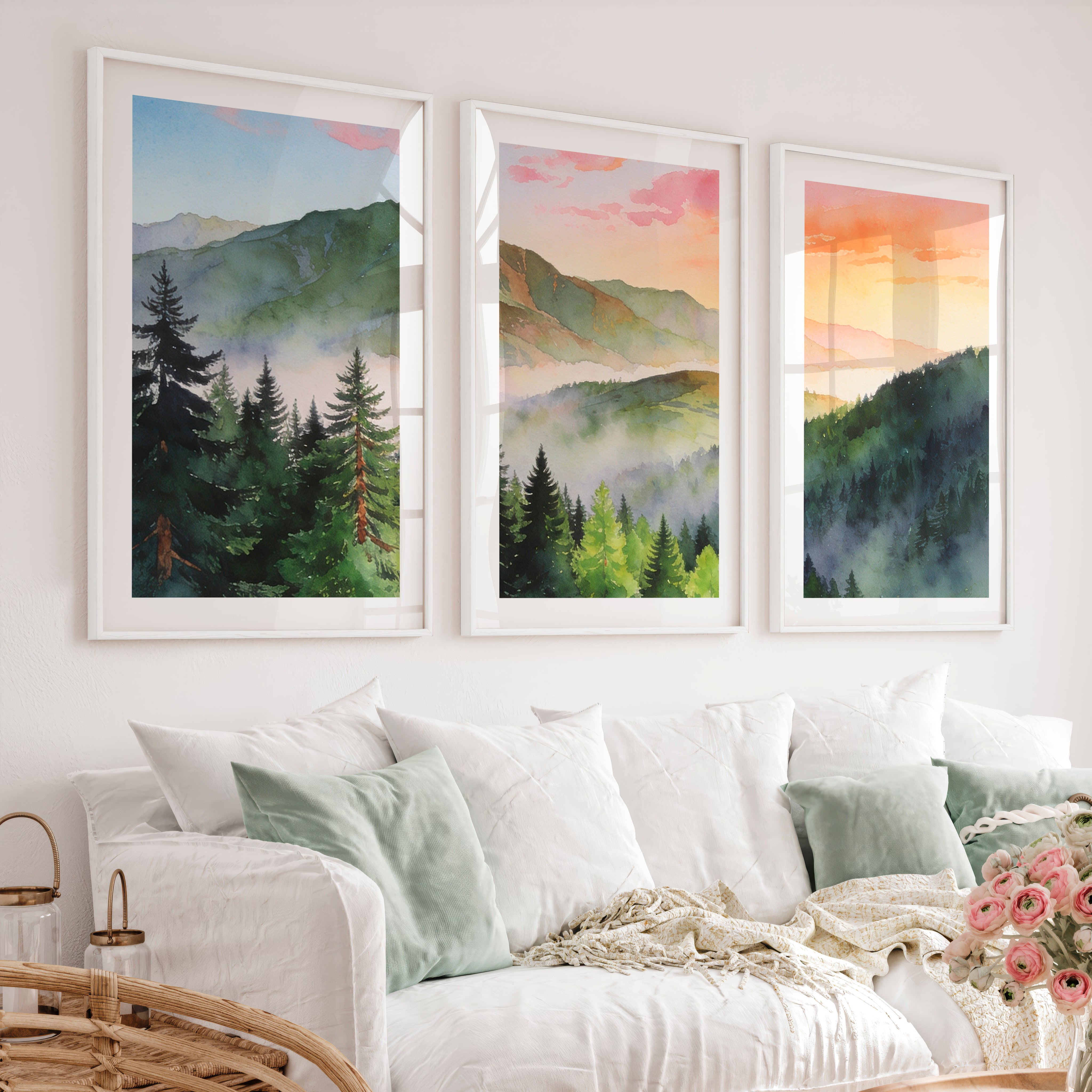 Misty Mountain Forest japandi painting - White Framed Poster with White Border - Artworksets