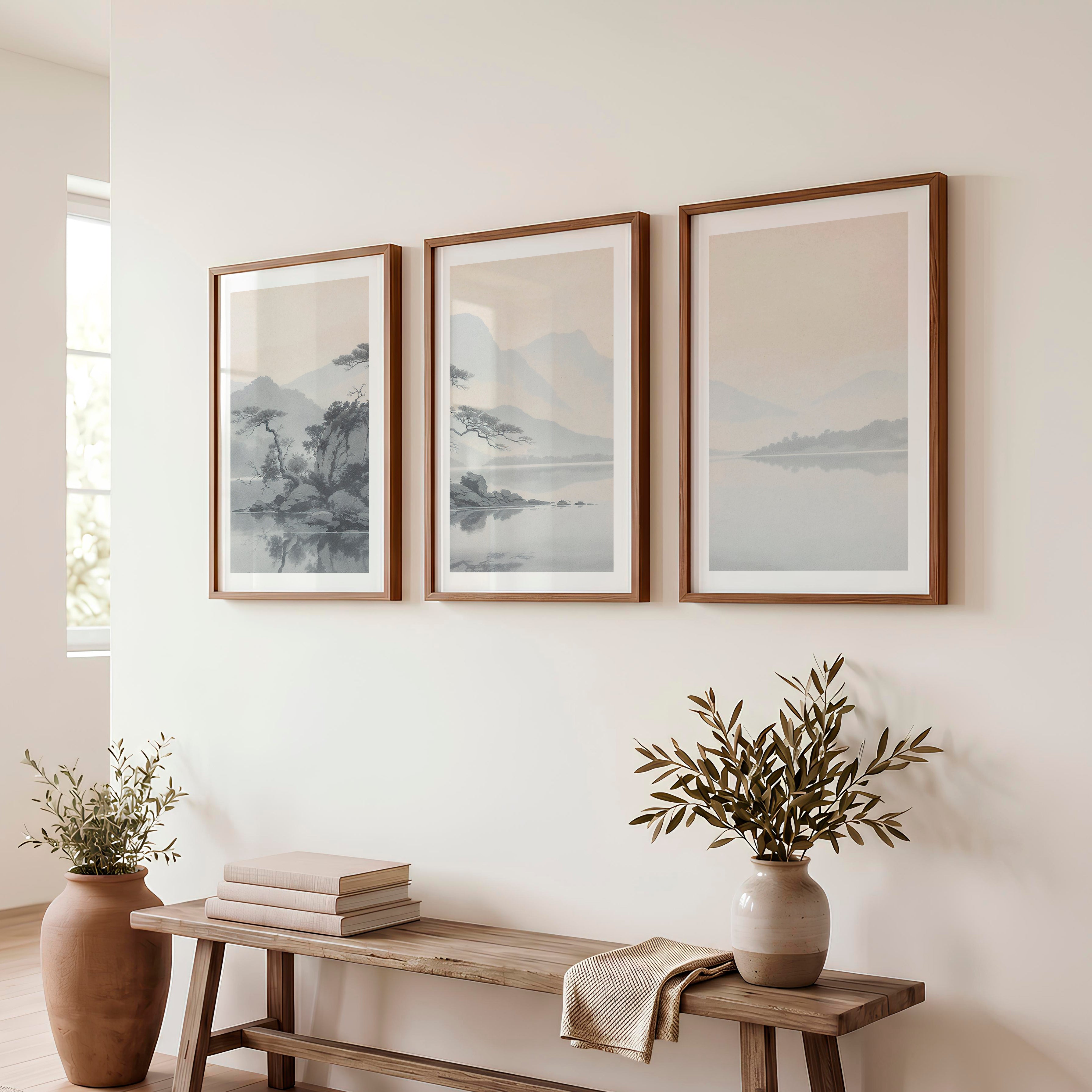 Pine Island Reflection japandi Painting - Dark Brown Framed Poster with White Border - Artworksets