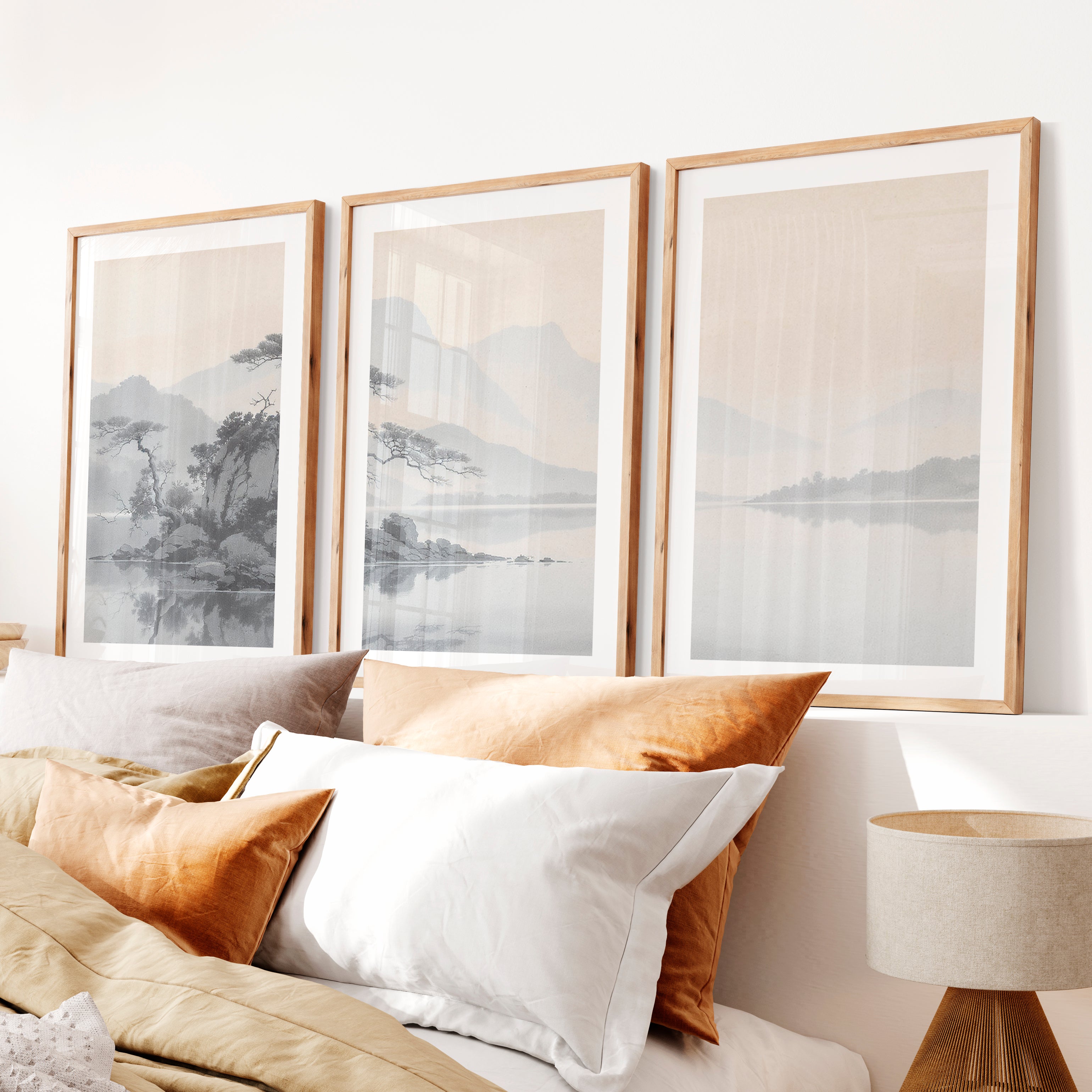 Pine Island Reflection japandi Painting- Natural Wood Framed Poster with White Border - Artworksets