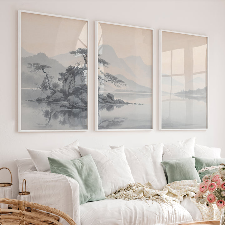 Pine Island Reflection japandi Painting - White Framed Poster No Border - Artworksets