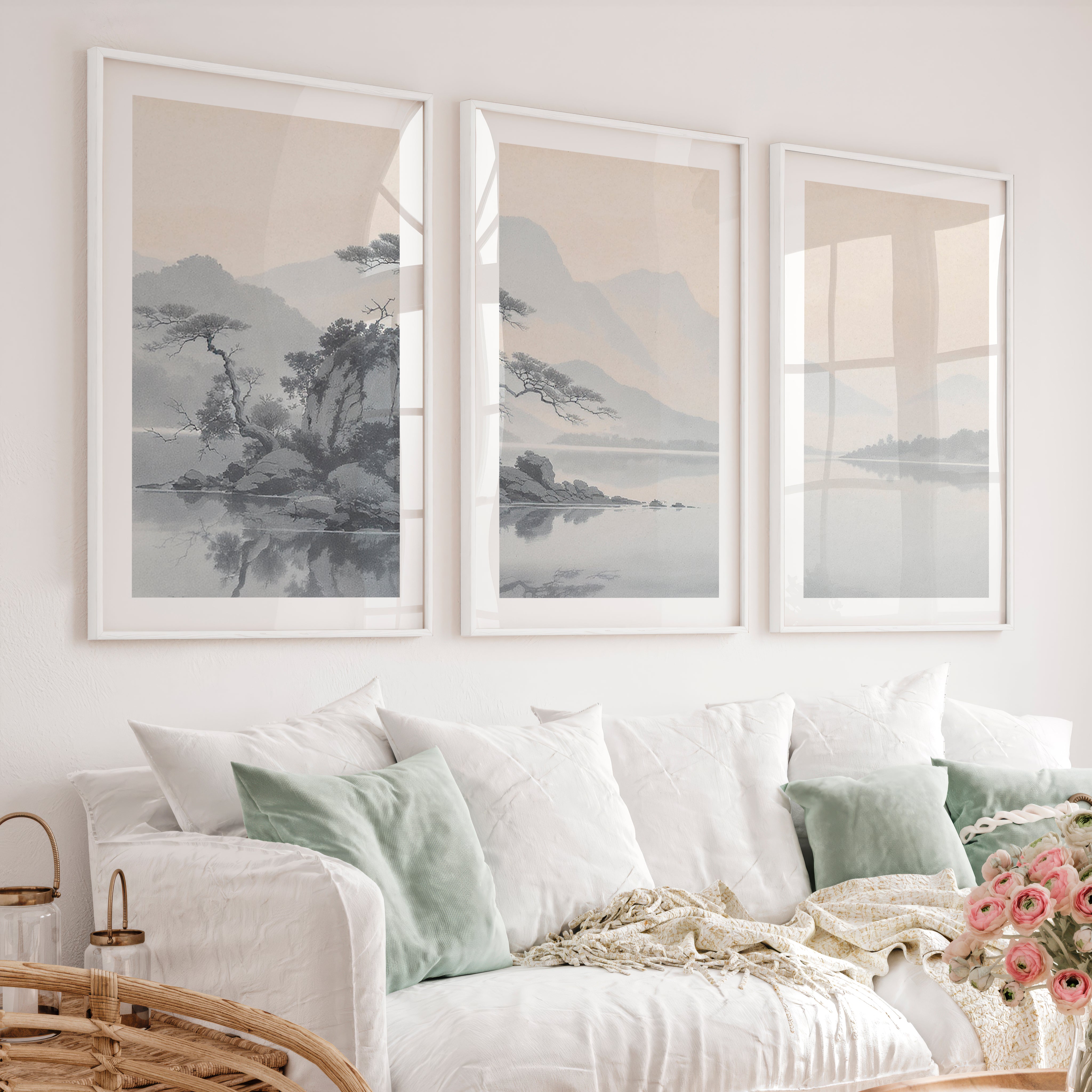 Pine Island Reflection japandi Painting - White Framed Poster with White Border - Artworksets