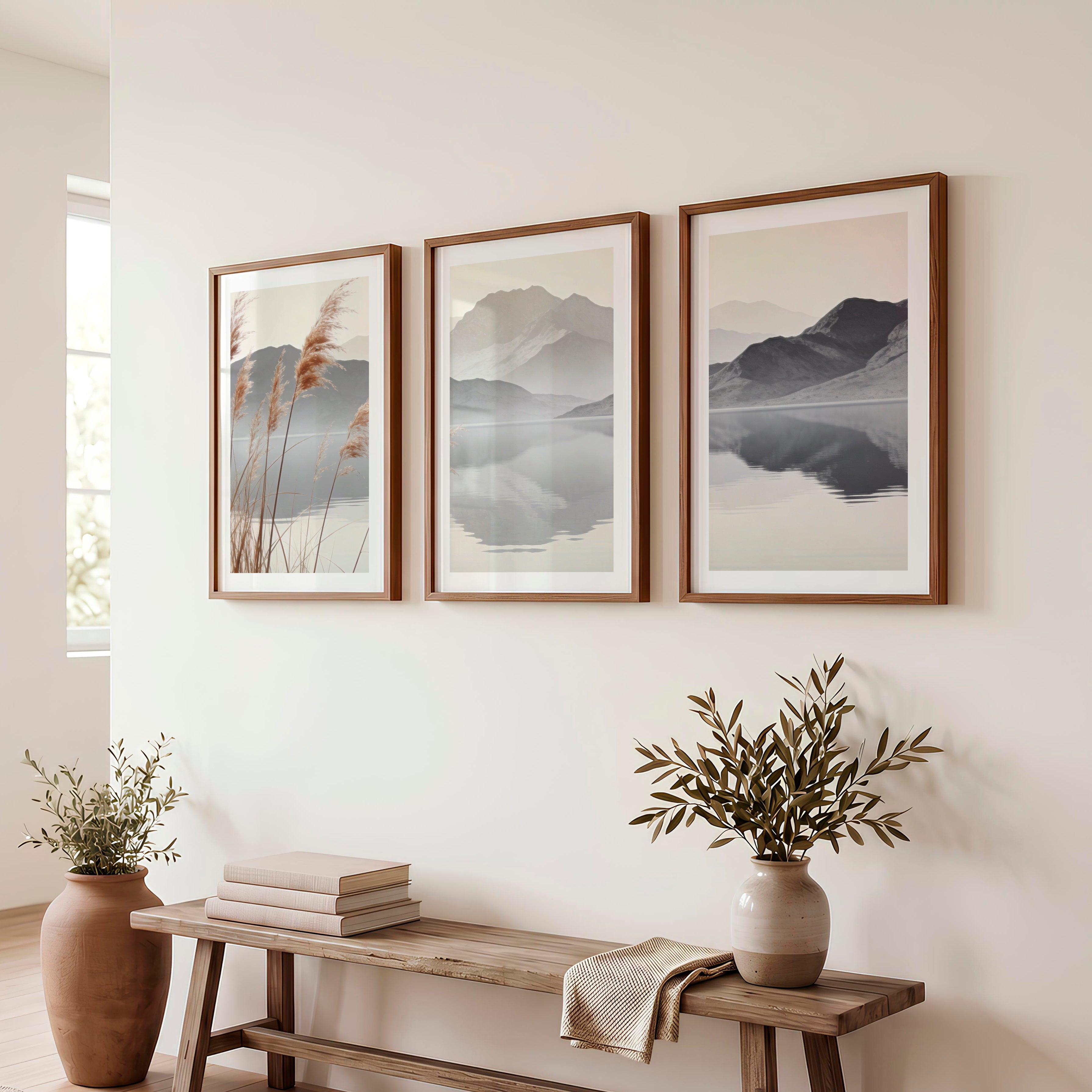 Reed Lake Japandi Print - Dark Brown Framed Poster with White Border - Artworksets