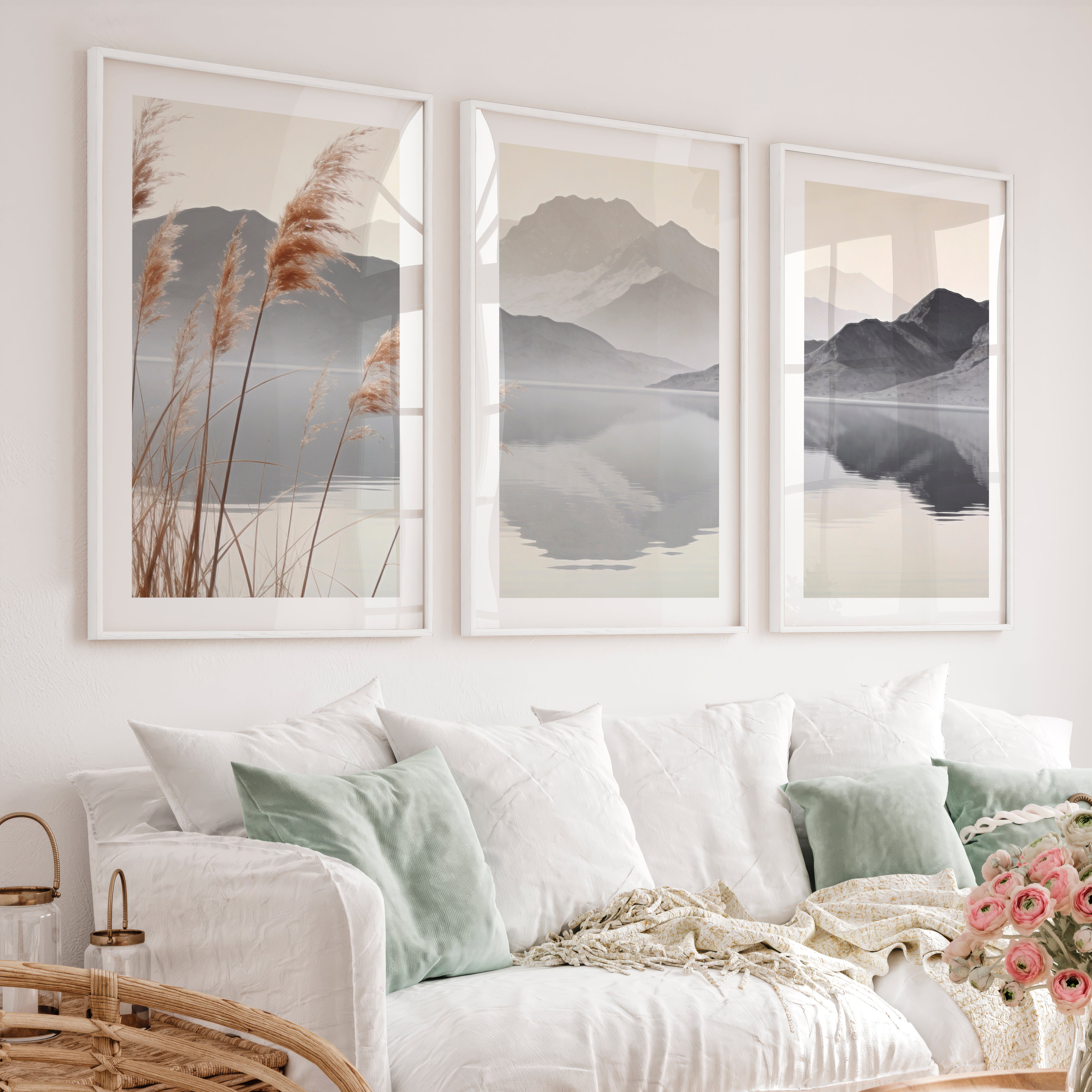 Reed Lake Japandi Print - White Framed Poster with White Border - Artworksets
