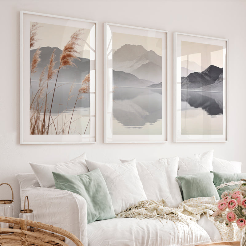 Reed Lake Japandi Print - White Framed Poster with White Border - Artworksets