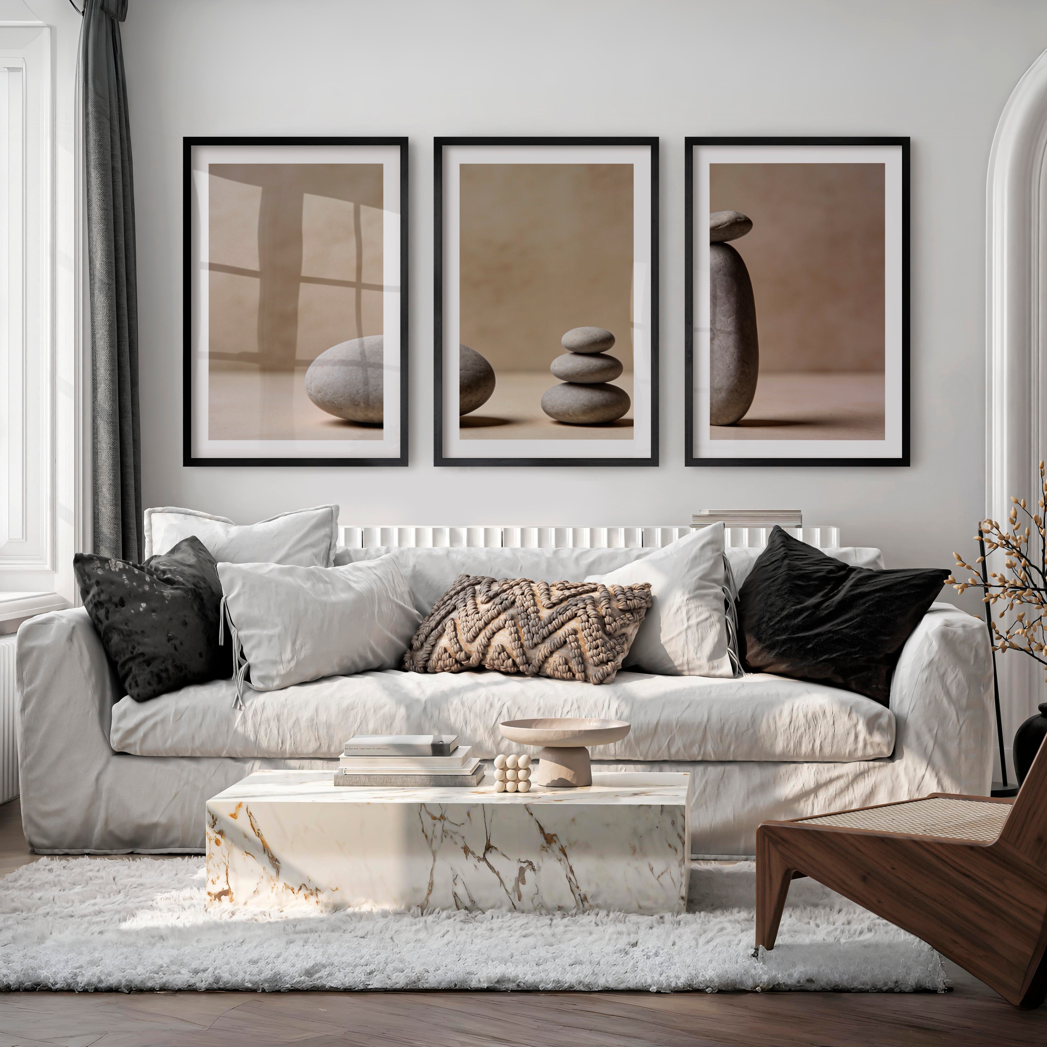 Balanced Stones japandi print - Black Framed Poster with White Border - Artworksets