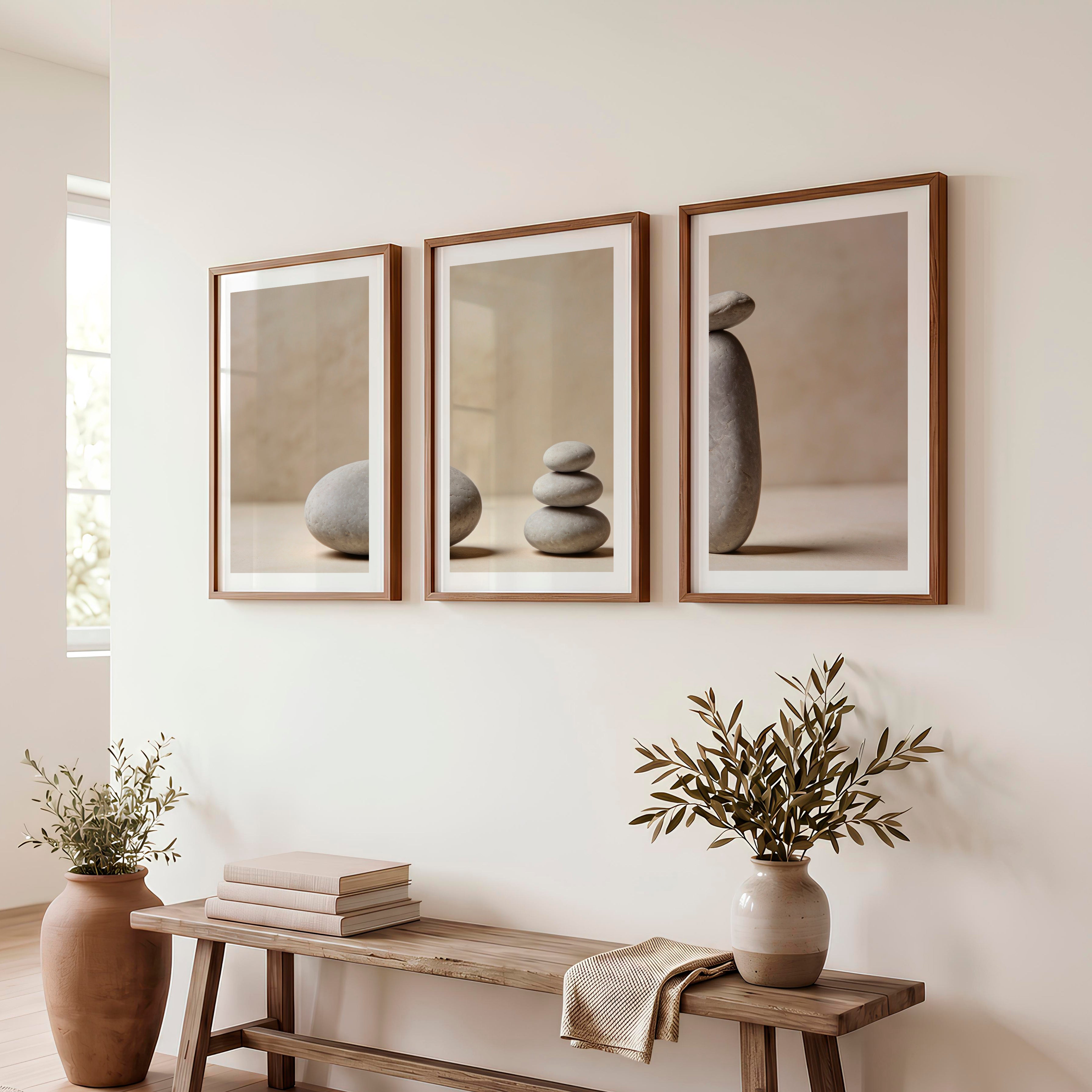 Balanced Stones japandi print - Dark Brown Framed Poster with White Border - Artworksets