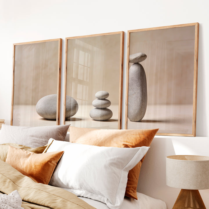Balanced Stones japandi print - Natural Wood Framed Poster No Border - Artworksets