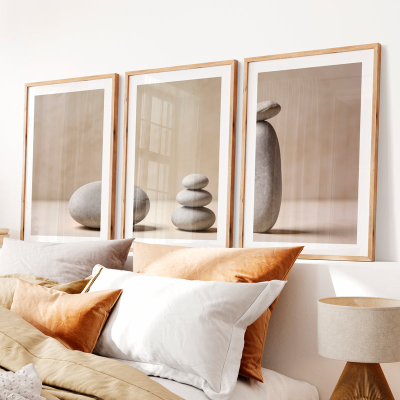 Balanced Stones japandi print- Natural Wood Framed Poster with White Border - Artworksets