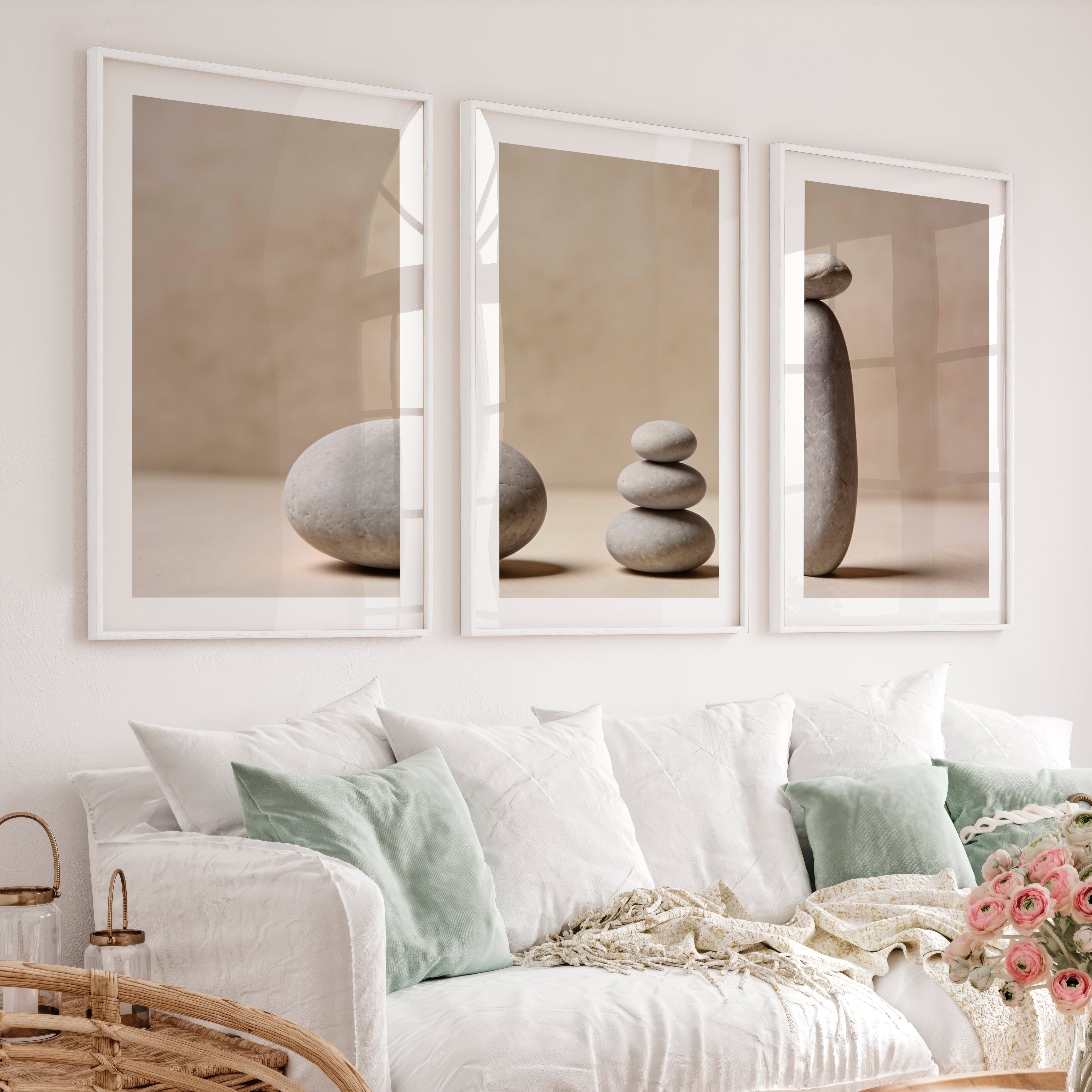 Balanced Stones japandi print - White Framed Poster with White Border - Artworksets