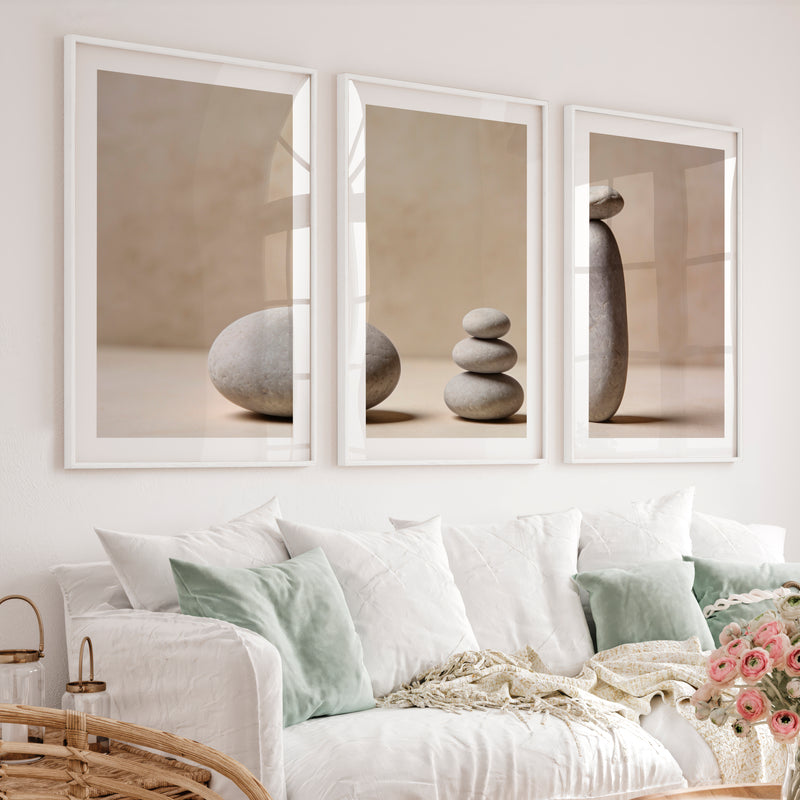 Balanced Stones japandi print - White Framed Poster with White Border - Artworksets