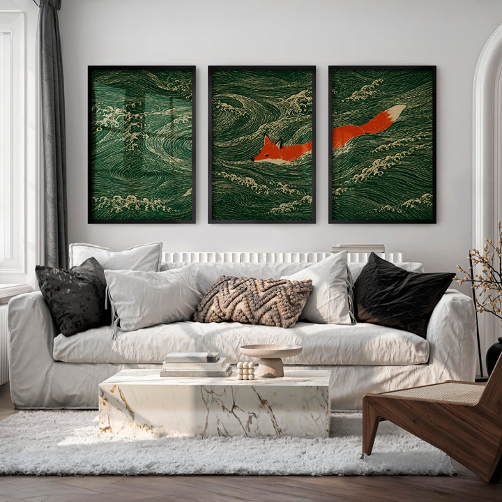 Swimming Fox japandi print - Black Framed Poster No Border - Artworksets